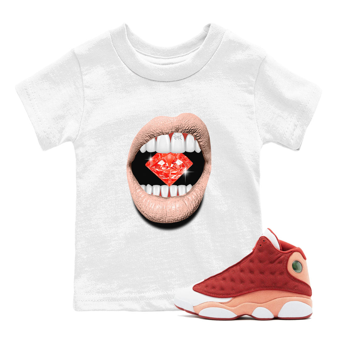 13s Dune Red shirts to match jordans Lips Diamond sneaker match tees Air Jordan 13 Dune Red Drip Gear Zone streetwear brand Baby and Youth White 1 cotton tee