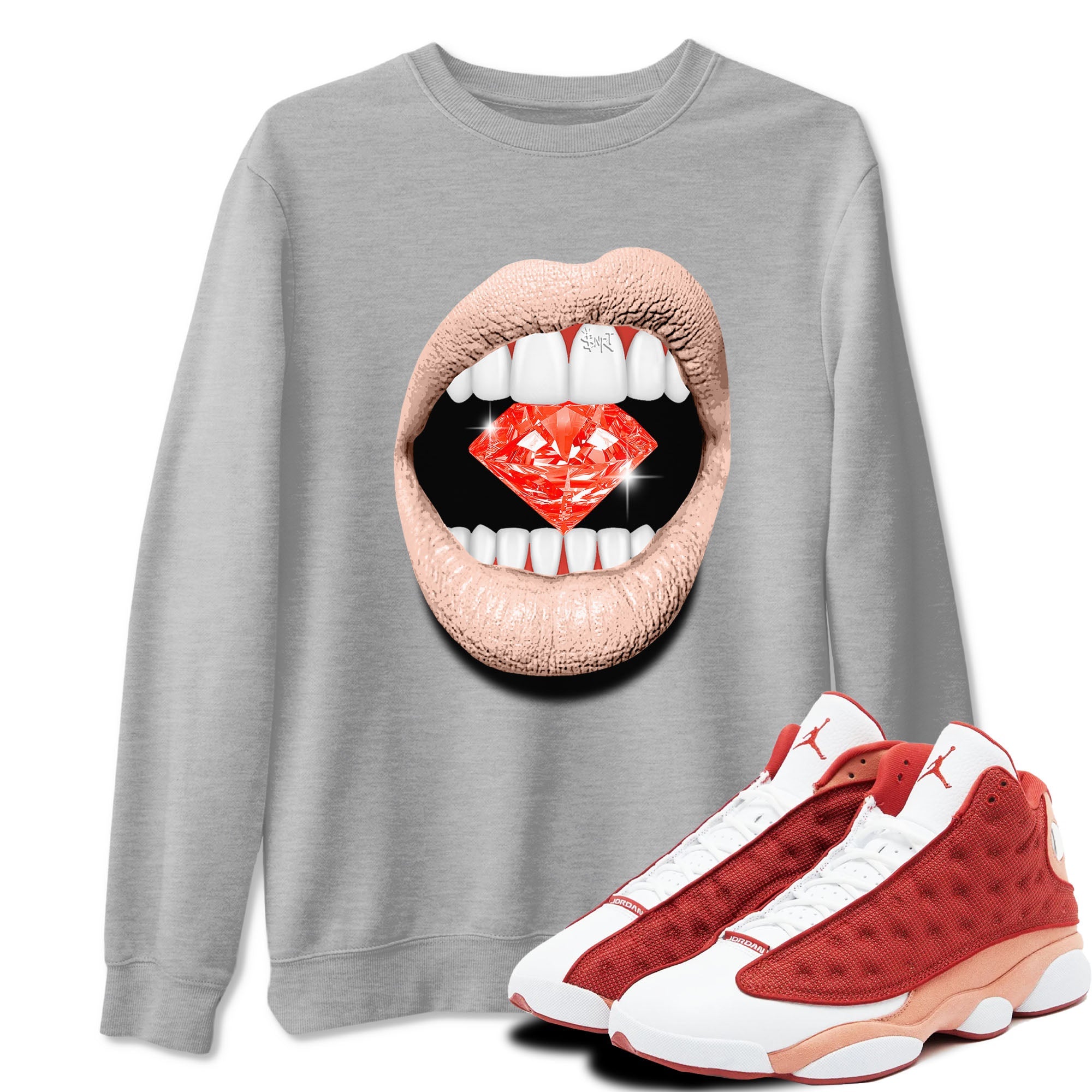 13s Dune Red shirts to match jordans Lips Diamond sneaker match tees Air Jordan 13 Dune Red Drip Gear Zone streetwear brand Heather Grey 1 unisex cotton tee