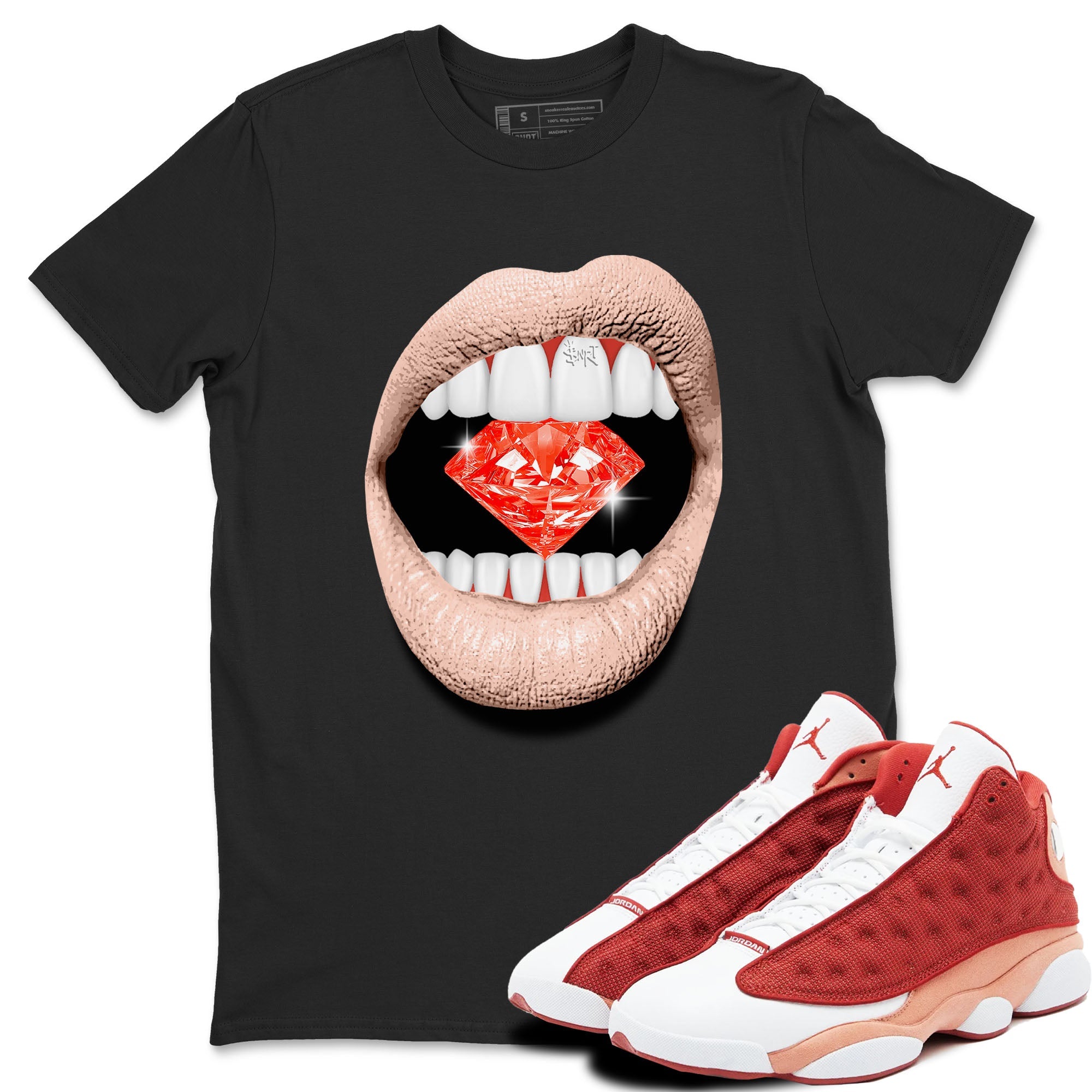 13s Dune Red shirts to match jordans Lips Diamond sneaker match tees Air Jordan 13 Dune Red Drip Gear Zone streetwear brand Black 1 unisex cotton tee