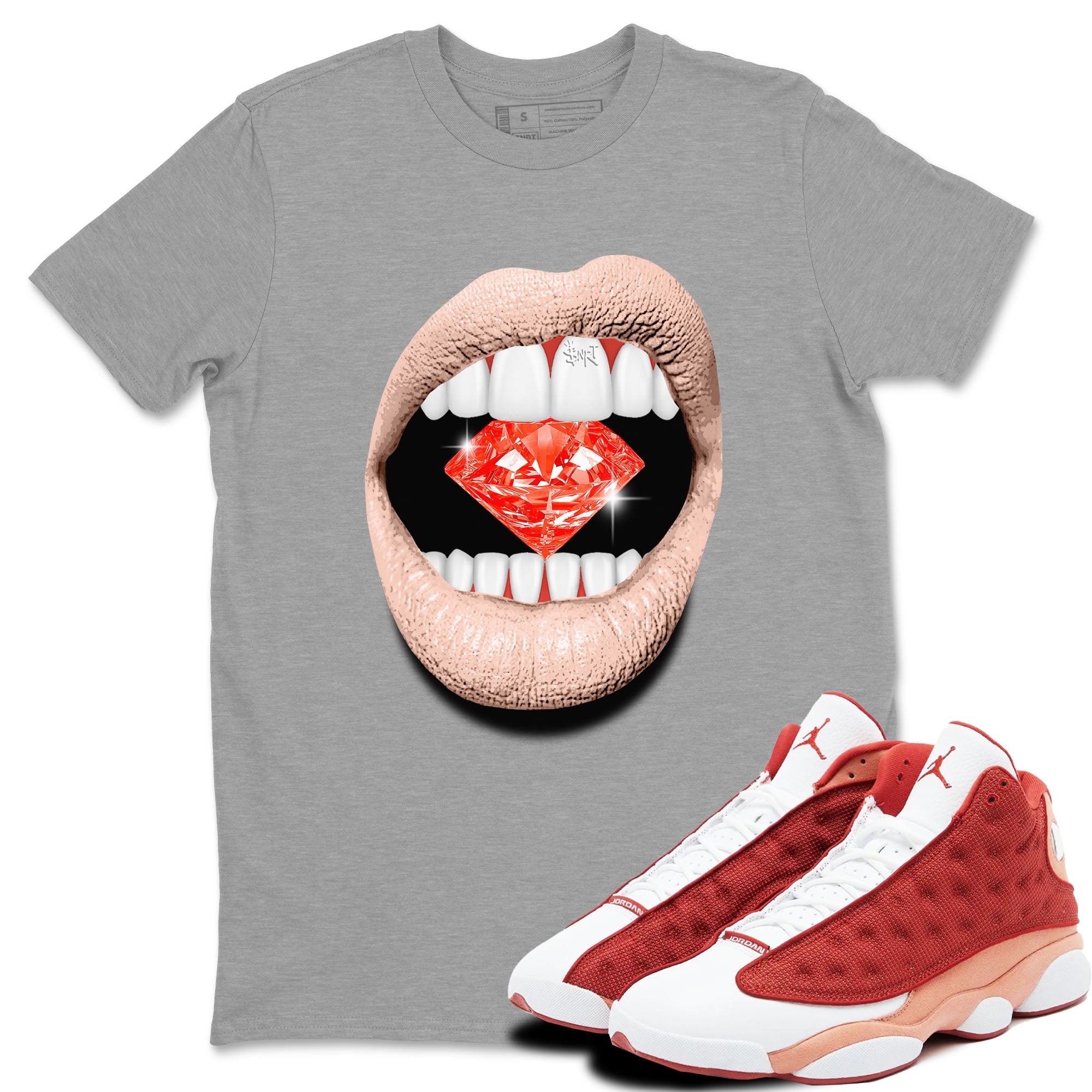 13s Dune Red shirts to match jordans Lips Diamond sneaker match tees Air Jordan 13 Dune Red Drip Gear Zone streetwear brand Heather Grey 1 unisex cotton tee