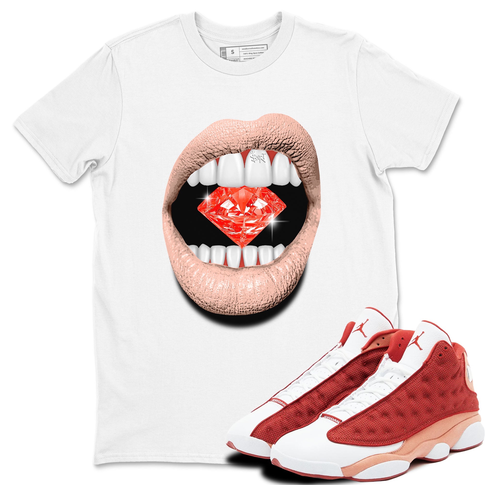13s Dune Red shirts to match jordans Lips Diamond sneaker match tees Air Jordan 13 Dune Red Drip Gear Zone streetwear brand White 1 unisex cotton tee