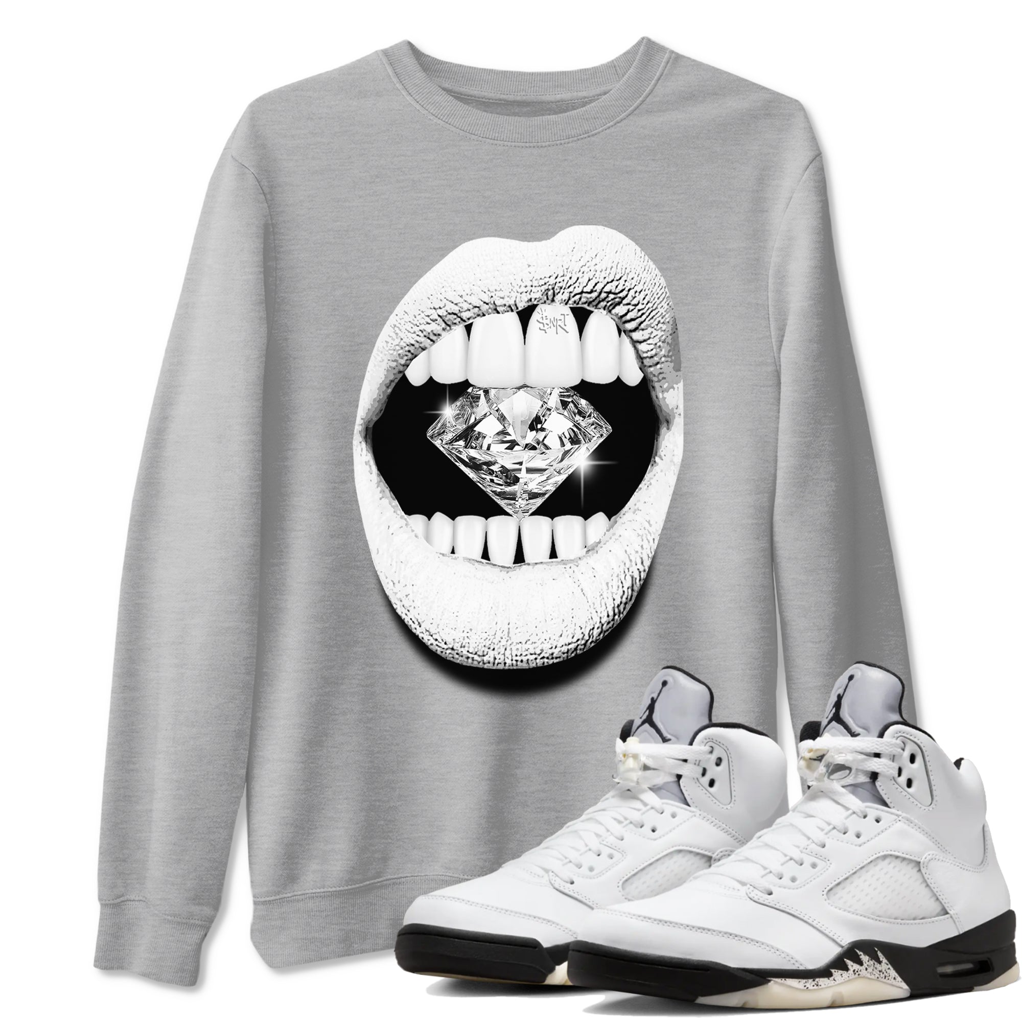 5s White Black shirts to match jordans Lips Diamond sneaker match tees Air Jordan 5 White Black match shoes to clothes Drip Gear Zone unisex cotton Heather Grey 1 shirts