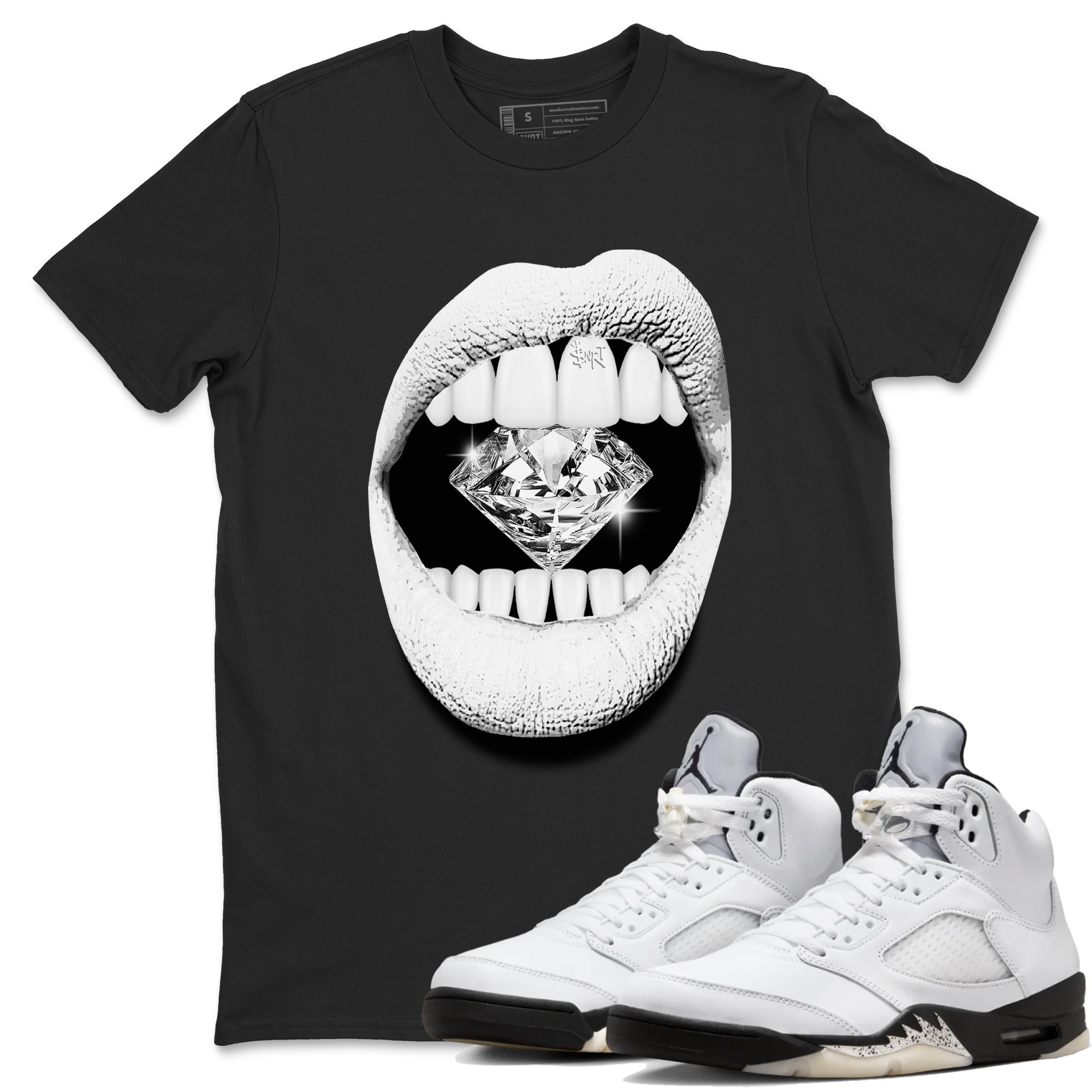 5s White Black shirts to match jordans Lips Diamond sneaker match tees Air Jordan 5 White Black match shoes to clothes Drip Gear Zone unisex cotton Black 1 shirts