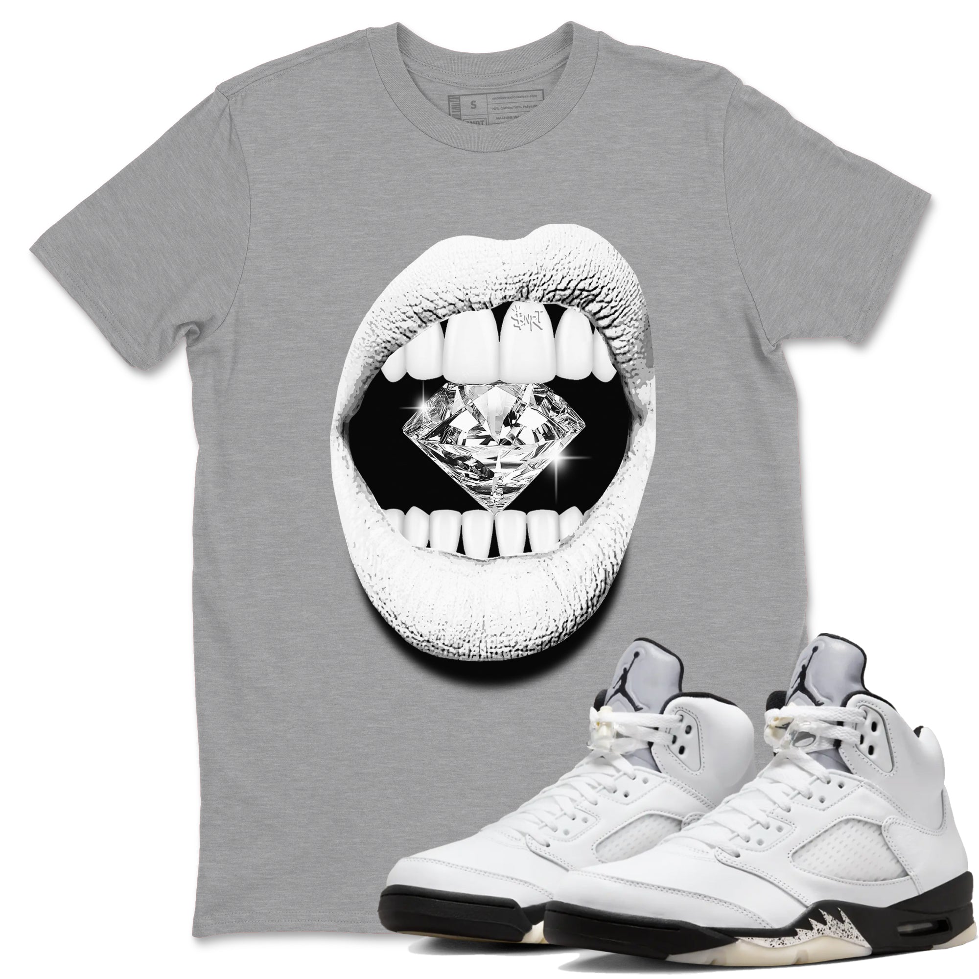 5s White Black shirts to match jordans Lips Diamond sneaker match tees Air Jordan 5 White Black match shoes to clothes Drip Gear Zone unisex cotton Heather Grey 1 shirts