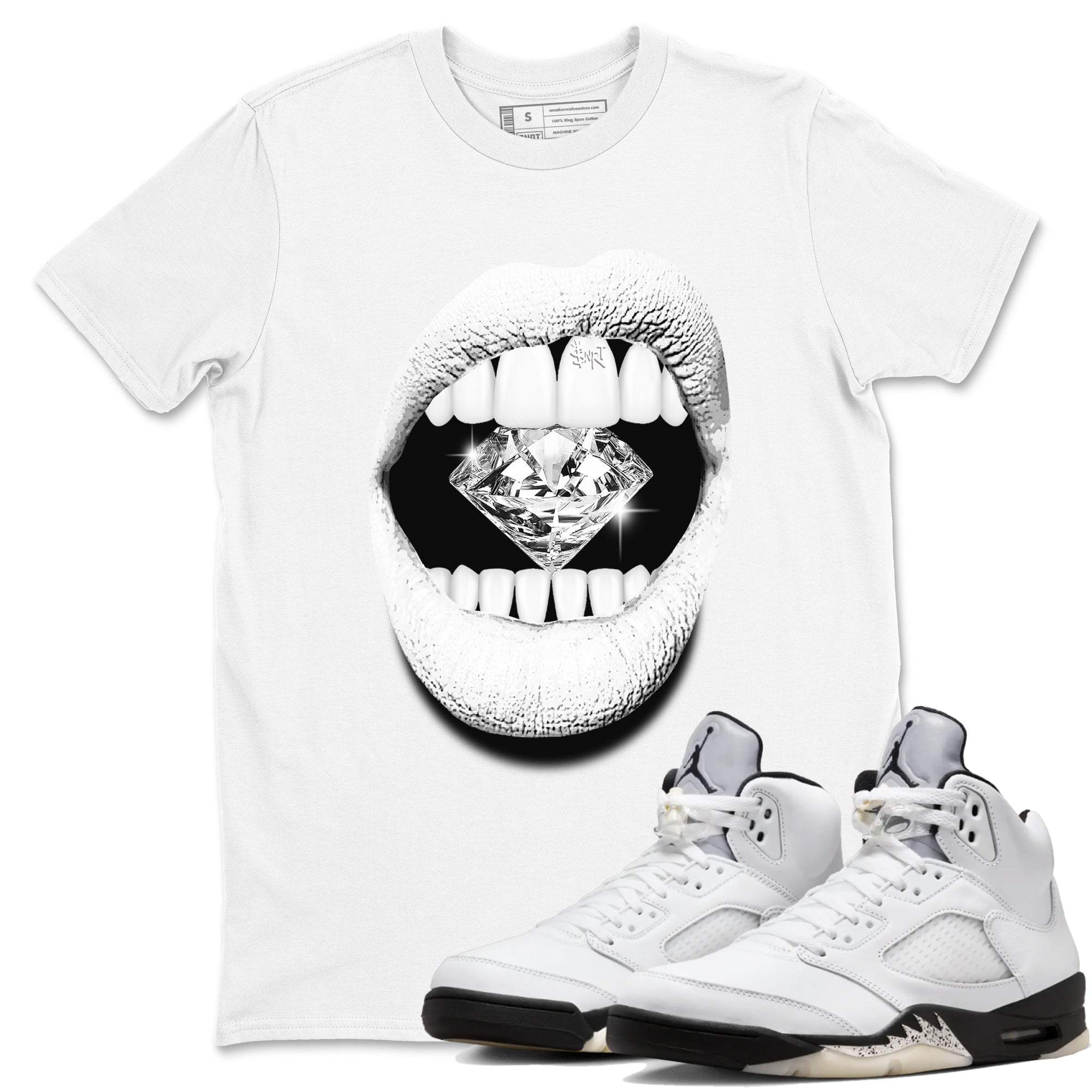 5s White Black shirts to match jordans Lips Diamond sneaker match tees Air Jordan 5 White Black match shoes to clothes Drip Gear Zone unisex cotton White 1 shirts