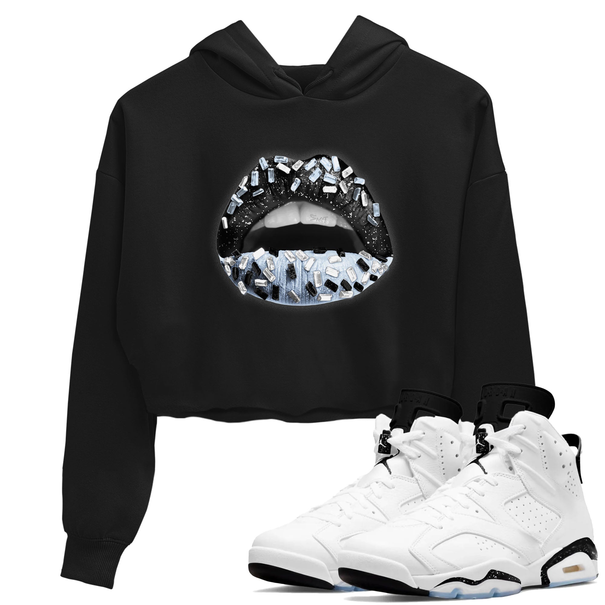 AJ6 White Black shirts to match jordans Lips Jewel sneaker match tees Air Jordan 6 White Black Drip Gear Zone streetwear brand Black 1 crop tee