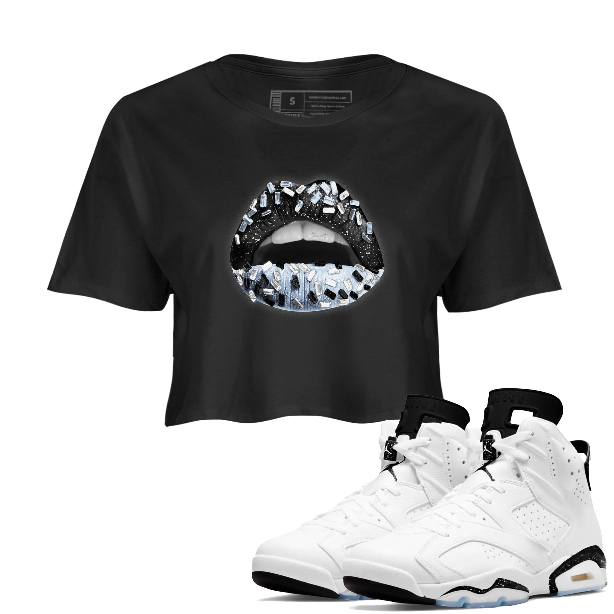 AJ6 White Black shirts to match jordans Lips Jewel sneaker match tees Air Jordan 6 White Black Drip Gear Zone streetwear brand Black 1 crop tee