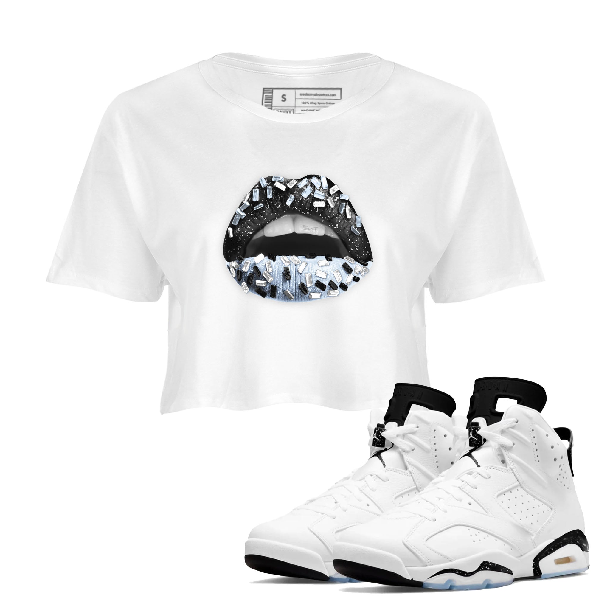 AJ6 White Black shirts to match jordans Lips Jewel sneaker match tees Air Jordan 6 White Black Drip Gear Zone streetwear brand White 1 crop tee