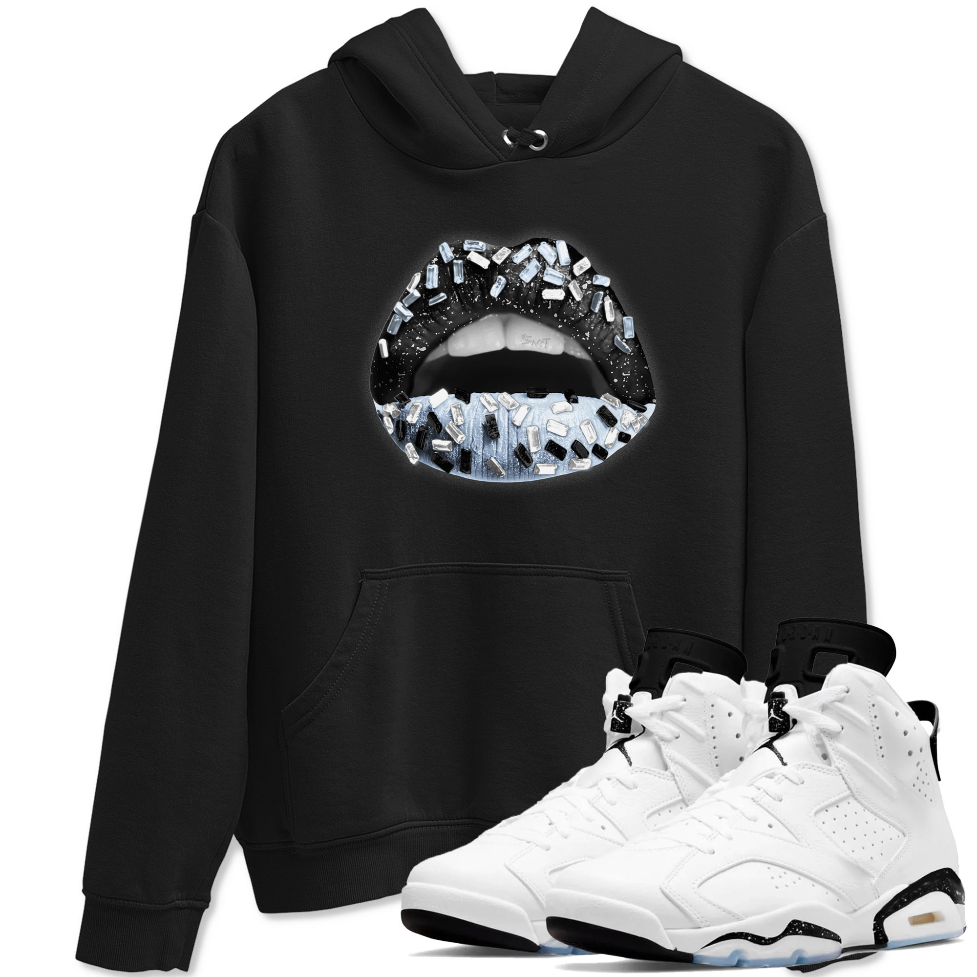 AJ6 White Black shirts to match jordans Lips Jewel sneaker match tees Air Jordan 6 White Black Drip Gear Zone streetwear brand Black 1 unisex cotton tee