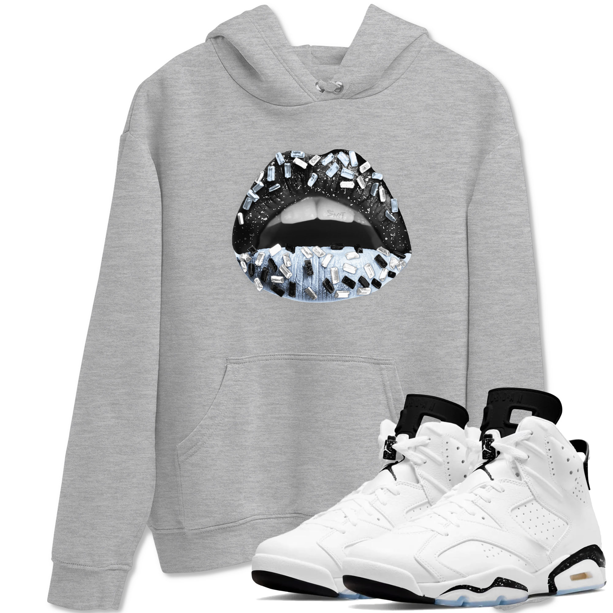 AJ6 White Black shirts to match jordans Lips Jewel sneaker match tees Air Jordan 6 White Black Drip Gear Zone streetwear brand Heather Grey 1 unisex cotton tee