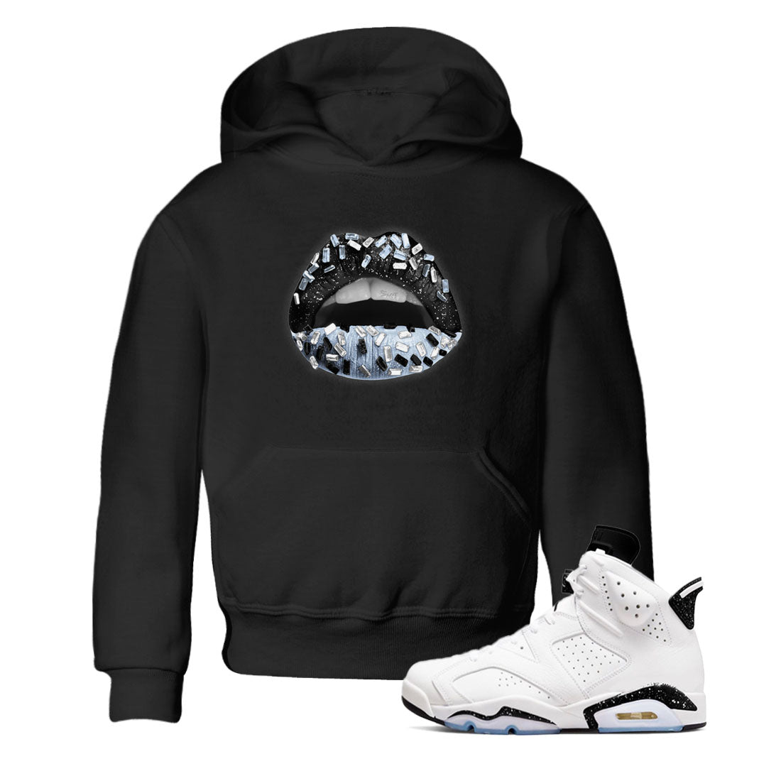 AJ6 White Black shirts to match jordans Lips Jewel sneaker match tees Air Jordan 6 White Black Drip Gear Zone streetwear brand Baby and Youth Black 1 cotton tee
