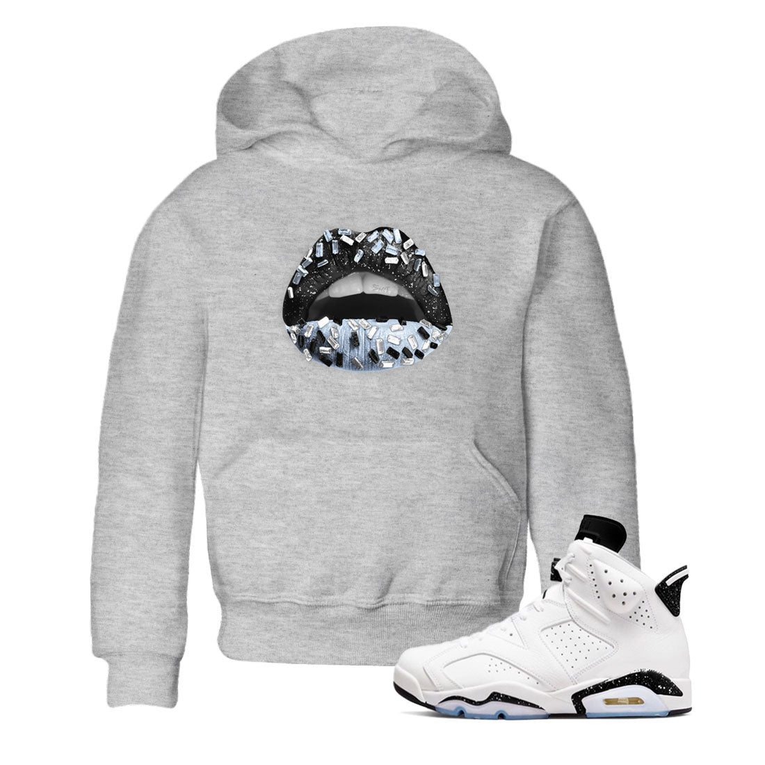 AJ6 White Black shirts to match jordans Lips Jewel sneaker match tees Air Jordan 6 White Black Drip Gear Zone streetwear brand Baby and Youth Heather Grey 1 cotton tee