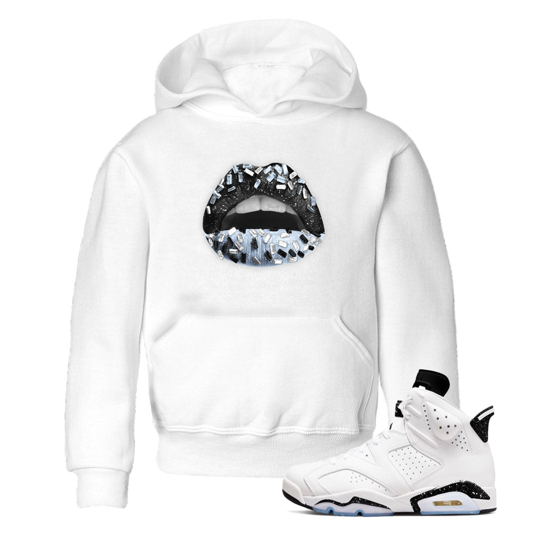 AJ6 White Black shirts to match jordans Lips Jewel sneaker match tees Air Jordan 6 White Black Drip Gear Zone streetwear brand Baby and Youth White 1 cotton tee