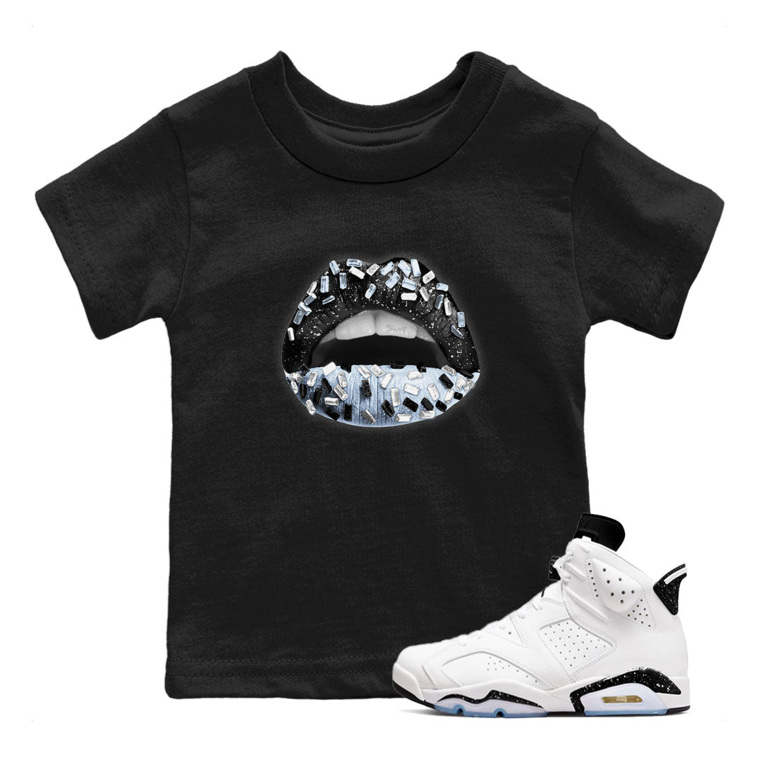 AJ6 White Black shirts to match jordans Lips Jewel sneaker match tees Air Jordan 6 White Black Drip Gear Zone streetwear brand Baby and Youth Black 1 cotton tee