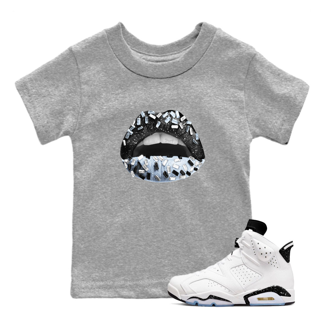 AJ6 White Black shirts to match jordans Lips Jewel sneaker match tees Air Jordan 6 White Black Drip Gear Zone streetwear brand Baby and Youth Heather Grey 1 cotton tee