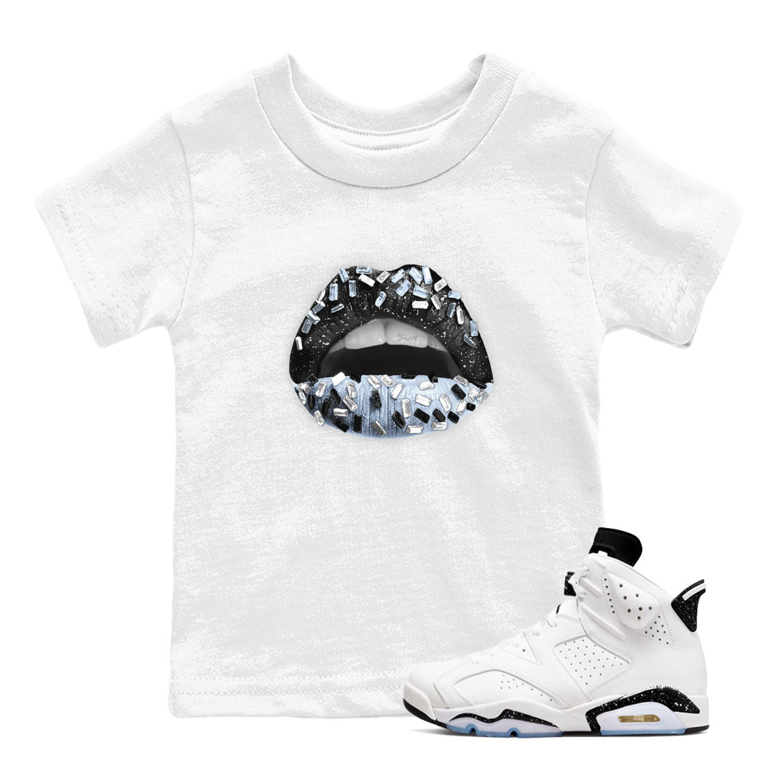 AJ6 White Black shirts to match jordans Lips Jewel sneaker match tees Air Jordan 6 White Black Drip Gear Zone streetwear brand Baby and Youth White 1 cotton tee