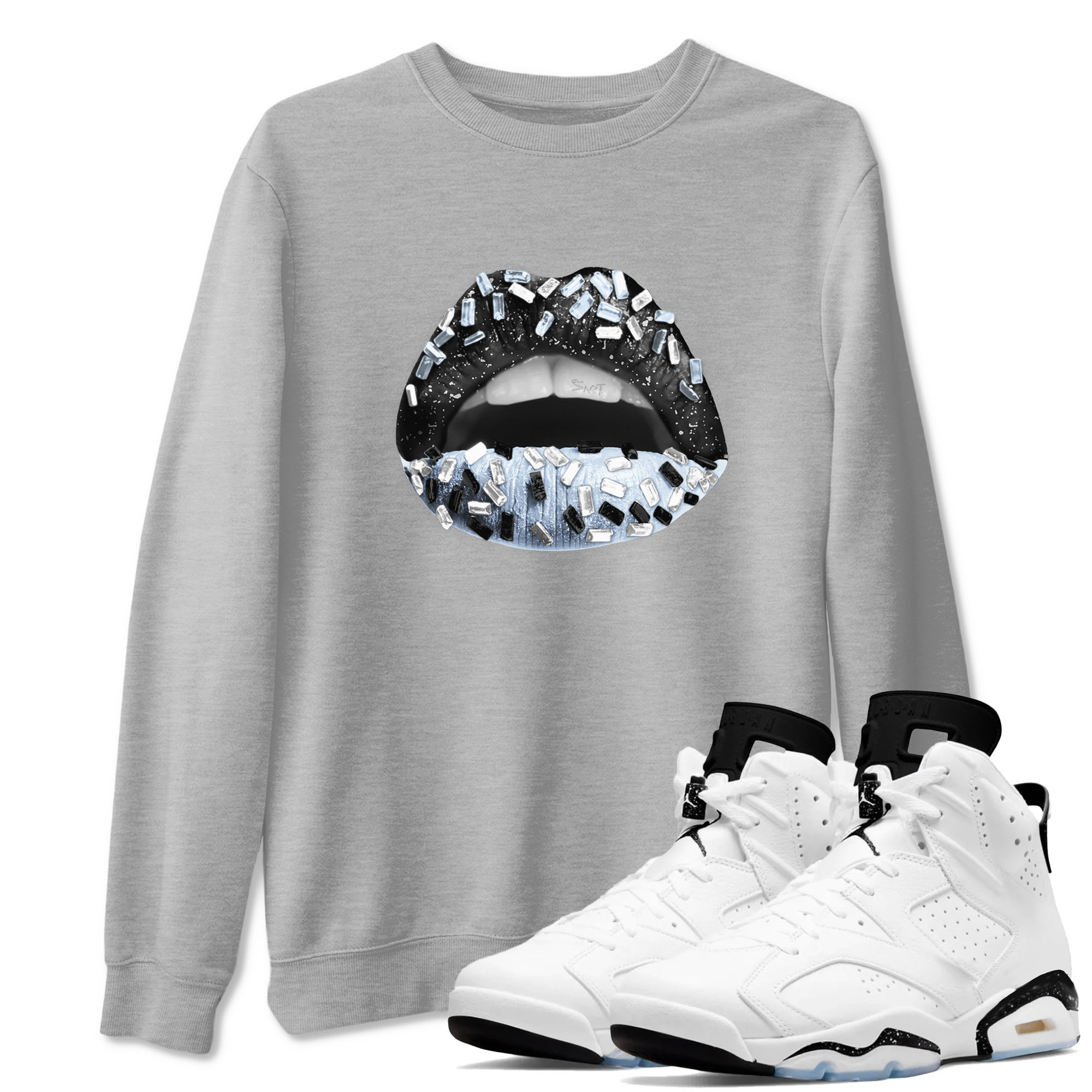 AJ6 White Black shirts to match jordans Lips Jewel sneaker match tees Air Jordan 6 White Black Drip Gear Zone streetwear brand Heather Grey 1 unisex cotton tee