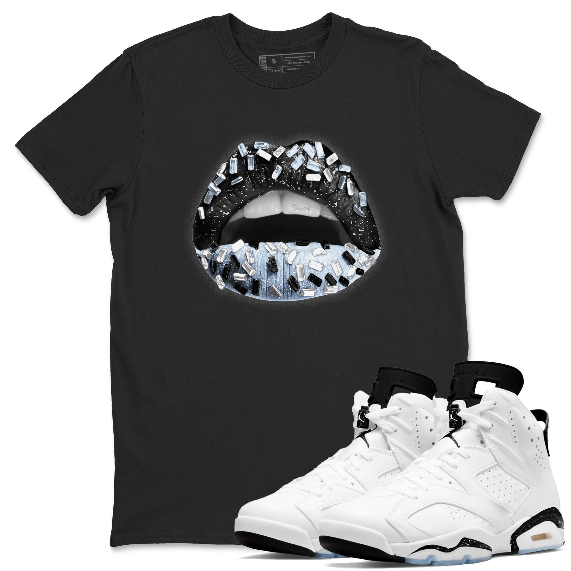 AJ6 White Black shirts to match jordans Lips Jewel sneaker match tees Air Jordan 6 White Black Drip Gear Zone streetwear brand Black 1 unisex cotton tee