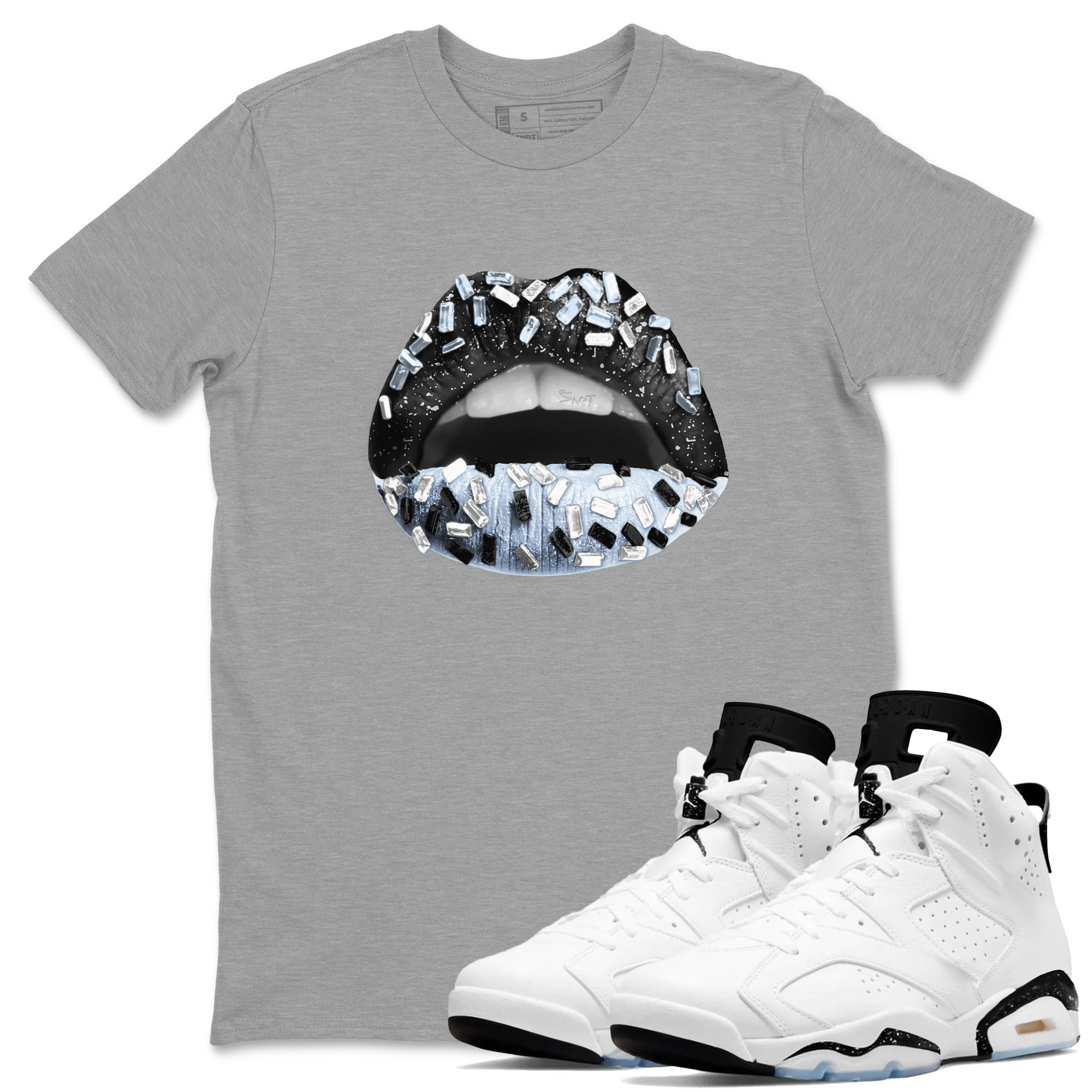AJ6 White Black shirts to match jordans Lips Jewel sneaker match tees Air Jordan 6 White Black Drip Gear Zone streetwear brand Heather Grey 1 unisex cotton tee