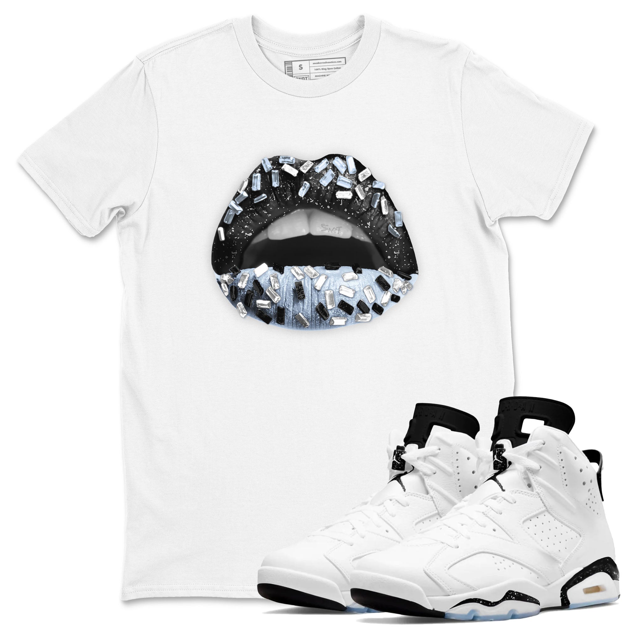 AJ6 White Black shirts to match jordans Lips Jewel sneaker match tees Air Jordan 6 White Black Drip Gear Zone streetwear brand White 1 unisex cotton tee