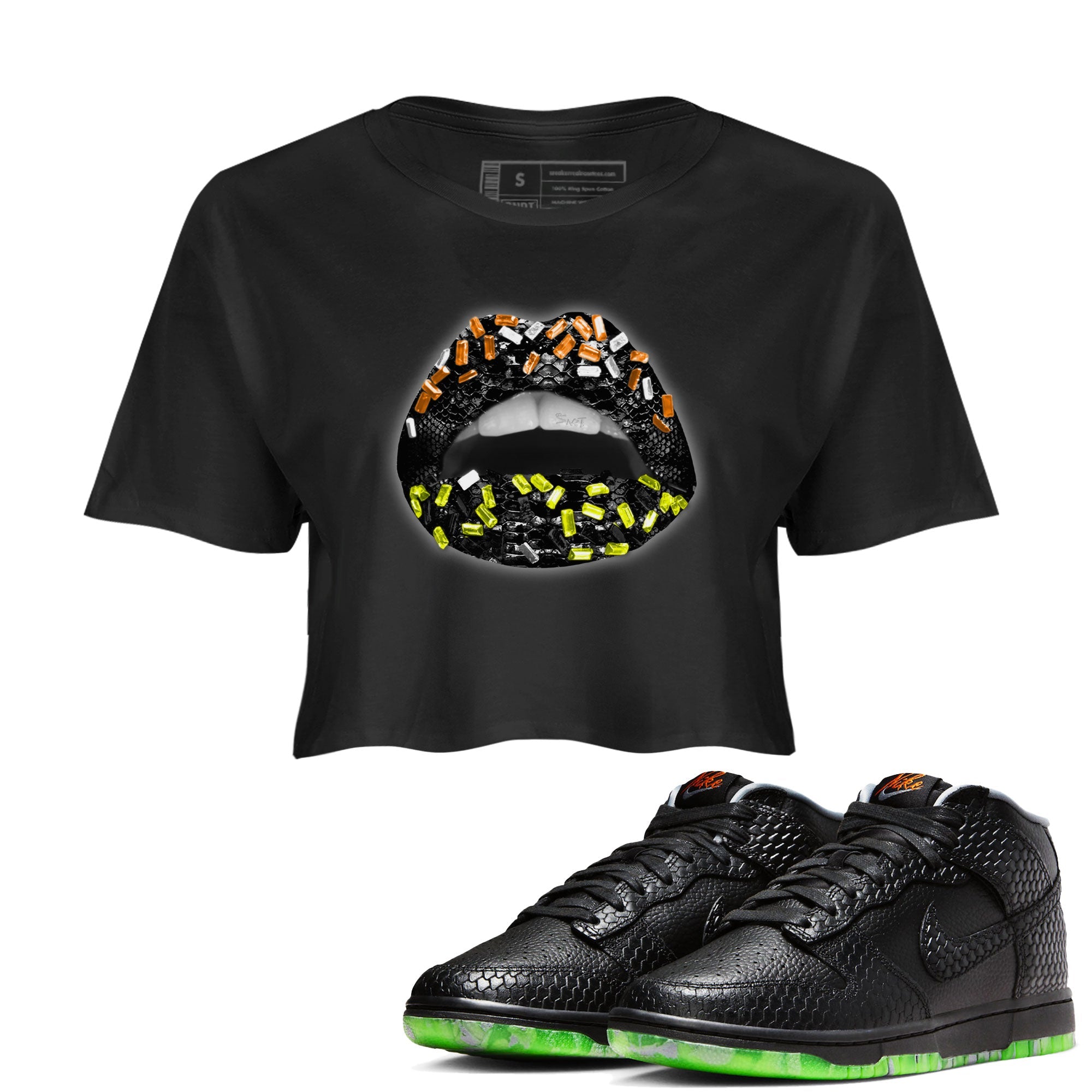 Dunk Halloween shirt to match jordans Lips Jewel sneaker tees Dunk Mid Halloween Drip Gear Zone Sneaker Matching Clothing Brand Black 1 Crop T-Shirt