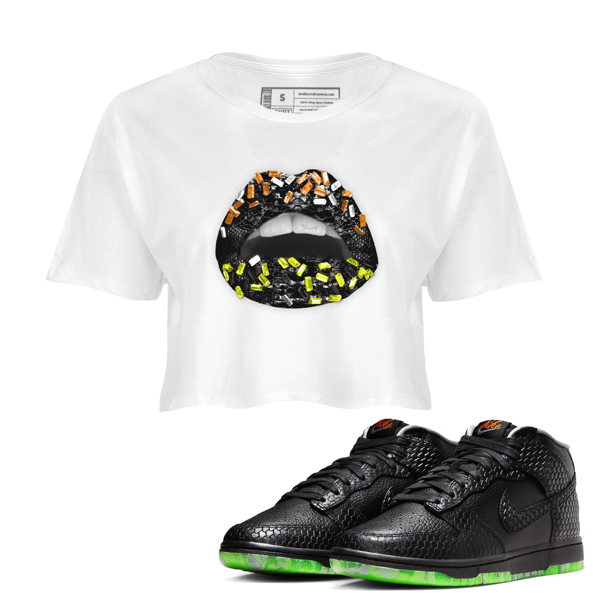 Dunk Halloween shirt to match jordans Lips Jewel sneaker tees Dunk Mid Halloween Drip Gear Zone Sneaker Matching Clothing Brand White 1 Crop T-Shirt