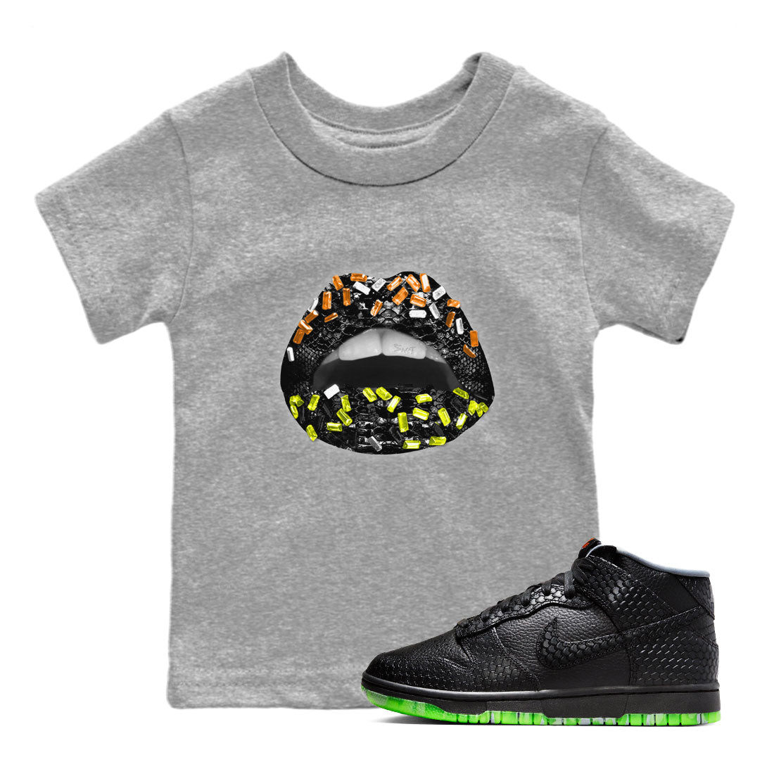 Dunk Halloween shirt to match jordans Lips Jewel sneaker tees Dunk Mid Halloween Drip Gear Zone Sneaker Matching Clothing Brand Baby Toddler Heather Grey 1 T-Shirt