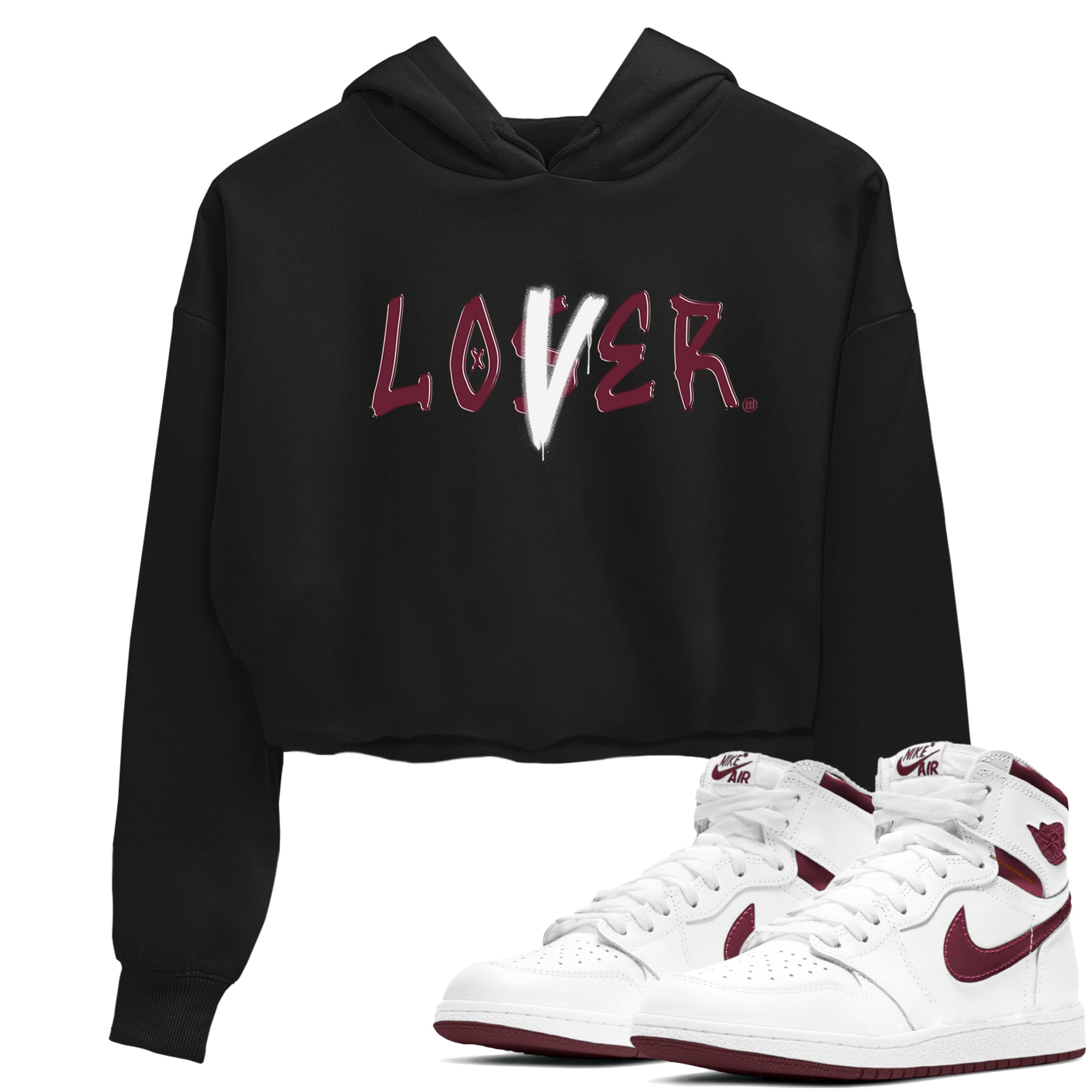 1s Metallic Burgundy shirts to match jordans Loser Lover sneaker match tees Jordan 1 Retro High '85 OG Metallic Burgundy Drip Gear Zone streetwear brand Black 1 crop tee