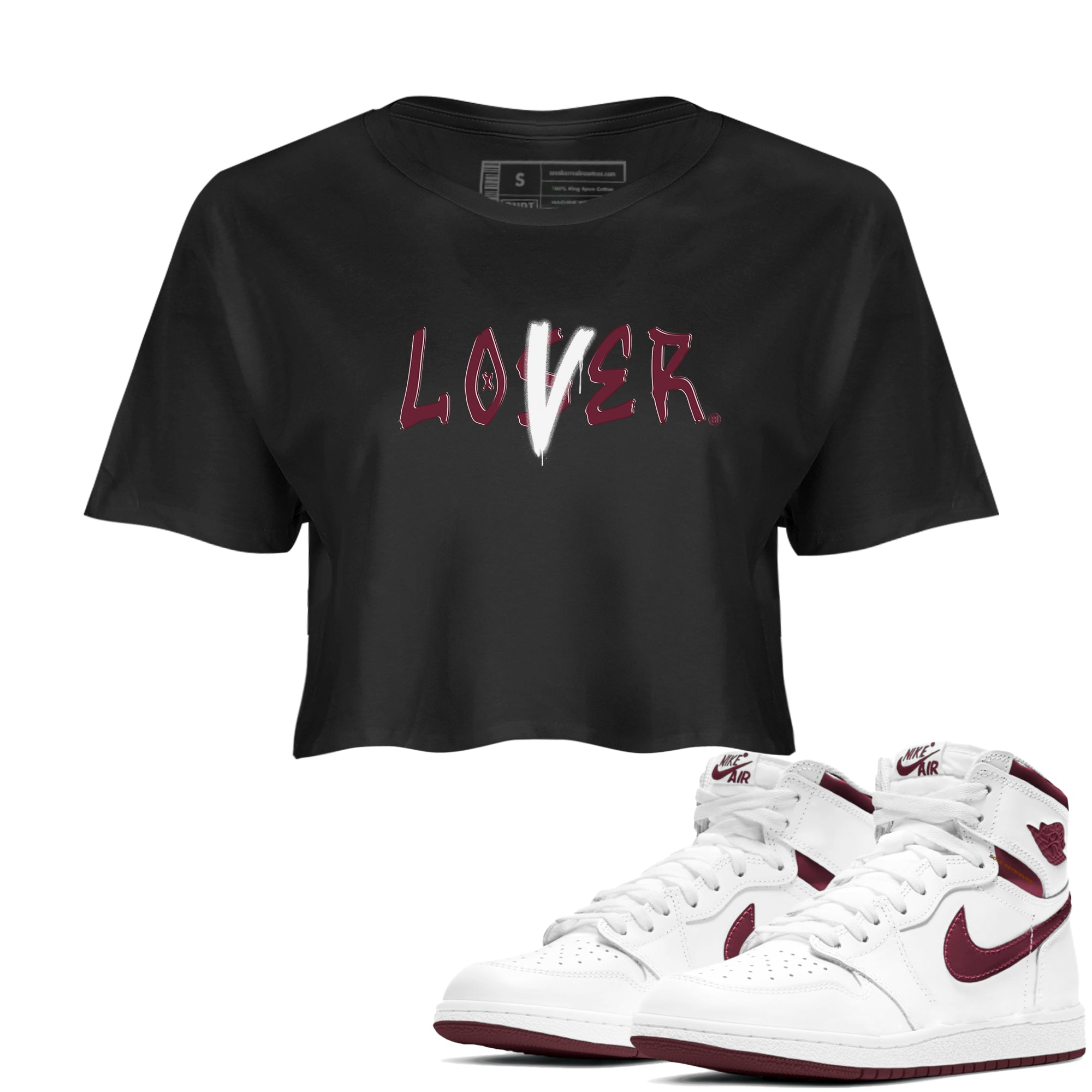 1s Metallic Burgundy shirts to match jordans Loser Lover sneaker match tees Jordan 1 Retro High '85 OG Metallic Burgundy Drip Gear Zone streetwear brand Black 1 crop tee