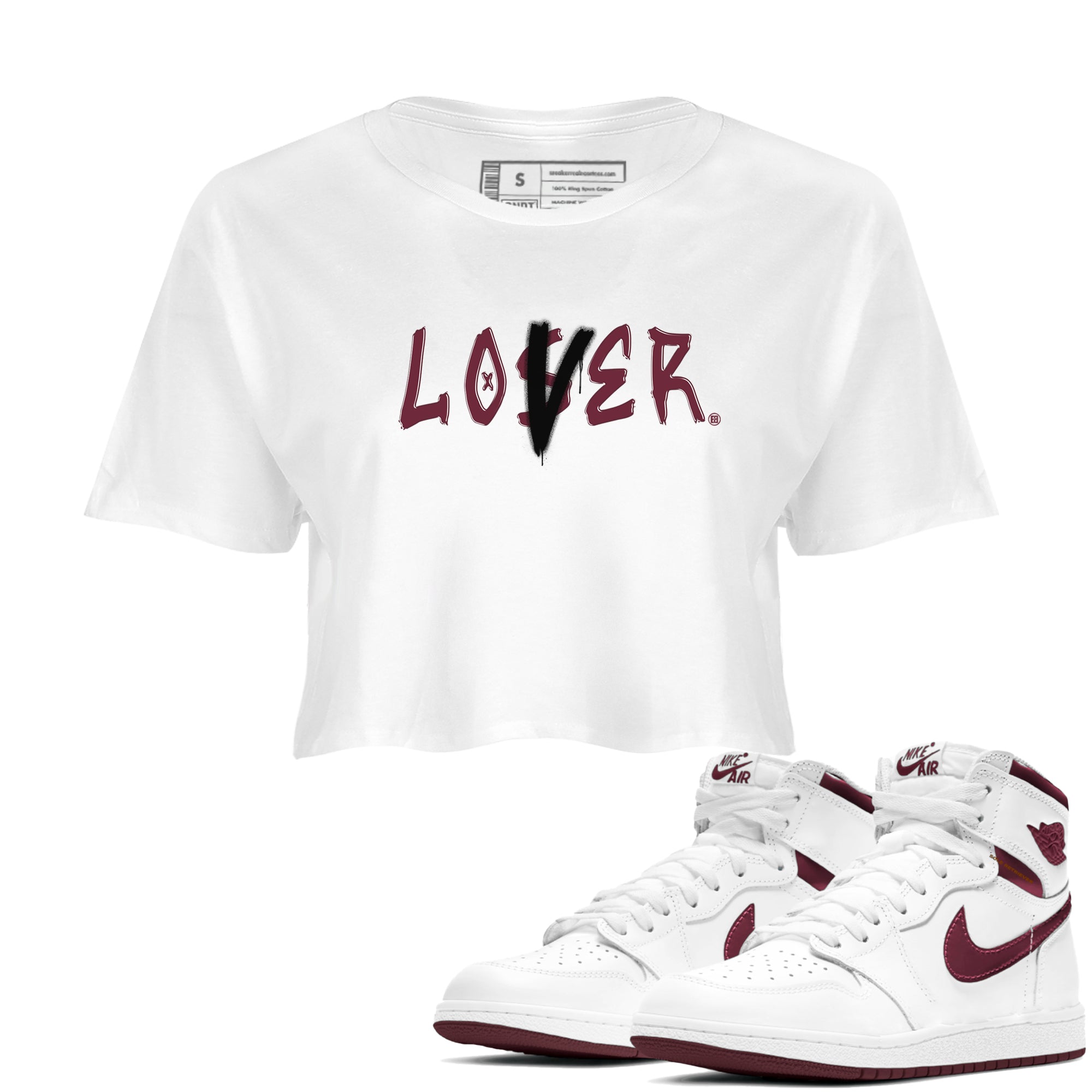1s Metallic Burgundy shirts to match jordans Loser Lover sneaker match tees Jordan 1 Retro High '85 OG Metallic Burgundy Drip Gear Zone streetwear brand White 1 crop tee