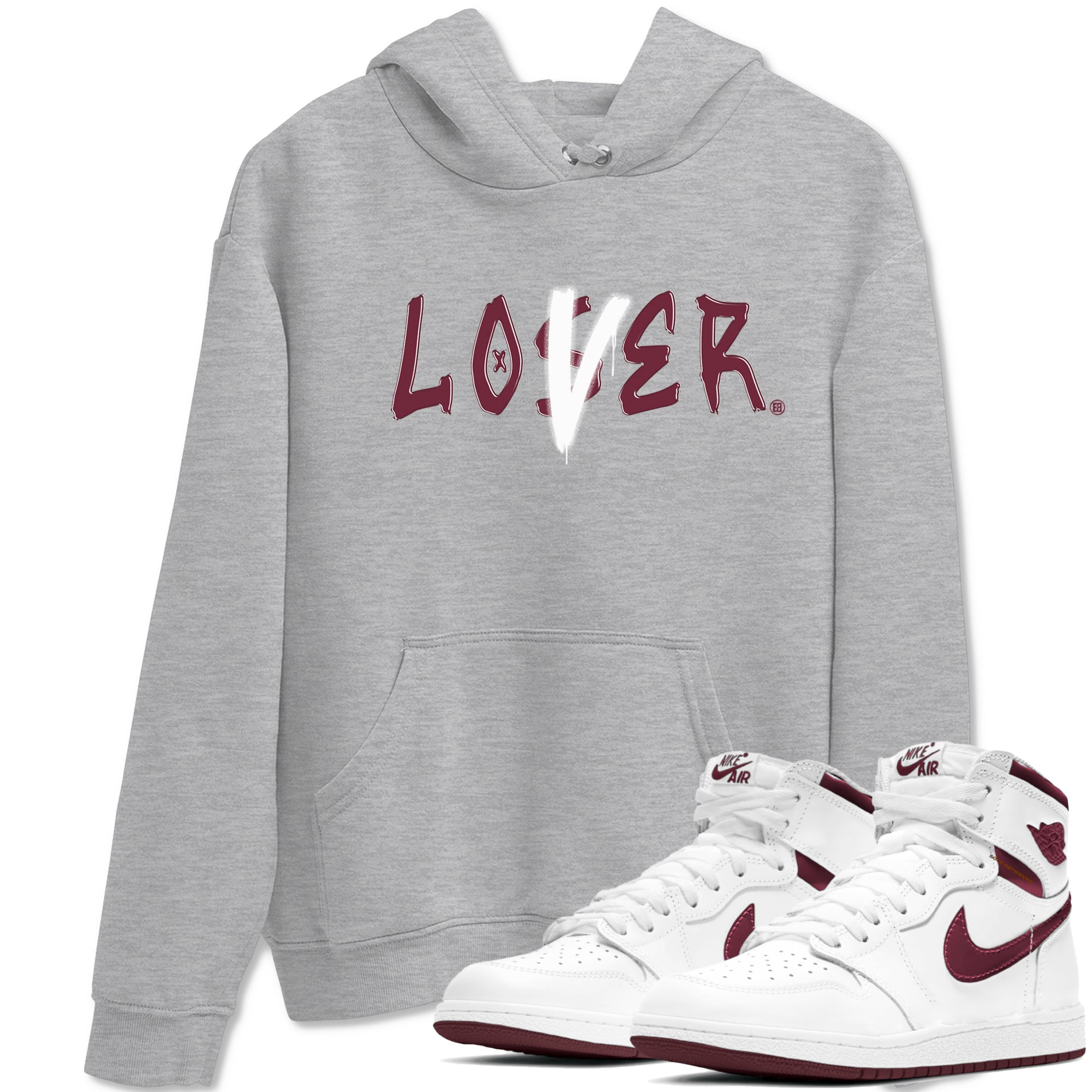 1s Metallic Burgundy shirts to match jordans Loser Lover sneaker match tees Jordan 1 Retro High '85 OG Metallic Burgundy Drip Gear Zone streetwear brand Heather Grey 1 unisex cotton tee