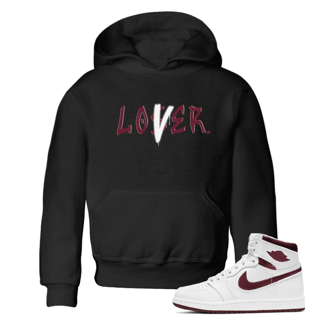 1s Metallic Burgundy shirts to match jordans Loser Lover sneaker match tees Jordan 1 Retro High '85 OG Metallic Burgundy Drip Gear Zone streetwear brand Baby and Youth Black 1 cotton tee