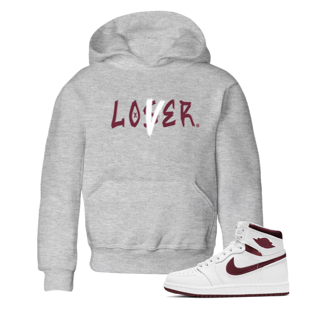 1s Metallic Burgundy shirts to match jordans Loser Lover sneaker match tees Jordan 1 Retro High '85 OG Metallic Burgundy Drip Gear Zone streetwear brand Baby and Youth Heather Grey 1 cotton tee