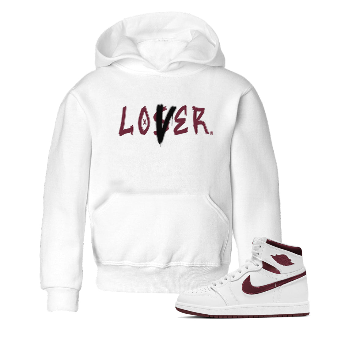 1s Metallic Burgundy shirts to match jordans Loser Lover sneaker match tees Jordan 1 Retro High '85 OG Metallic Burgundy Drip Gear Zone streetwear brand Baby and Youth White 1 cotton tee