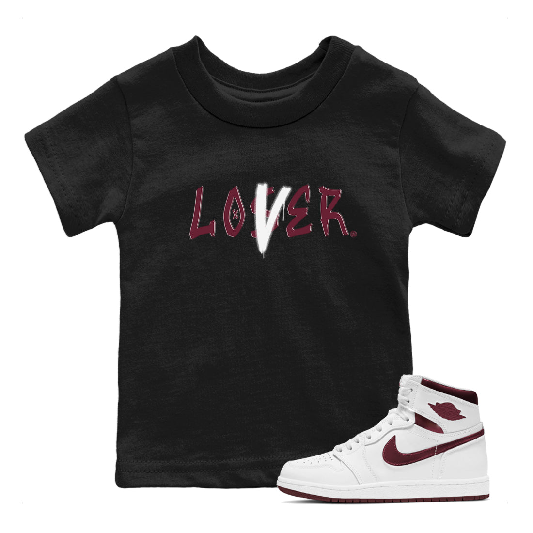 1s Metallic Burgundy shirts to match jordans Loser Lover sneaker match tees Jordan 1 Retro High '85 OG Metallic Burgundy Drip Gear Zone streetwear brand Baby and Youth Black 1 cotton tee