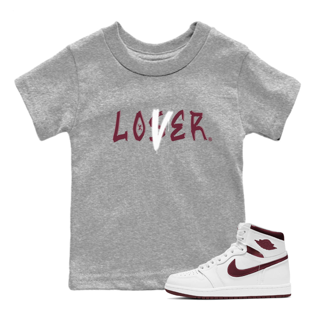 1s Metallic Burgundy shirts to match jordans Loser Lover sneaker match tees Jordan 1 Retro High '85 OG Metallic Burgundy Drip Gear Zone streetwear brand Baby and Youth Heather Grey 1 cotton tee