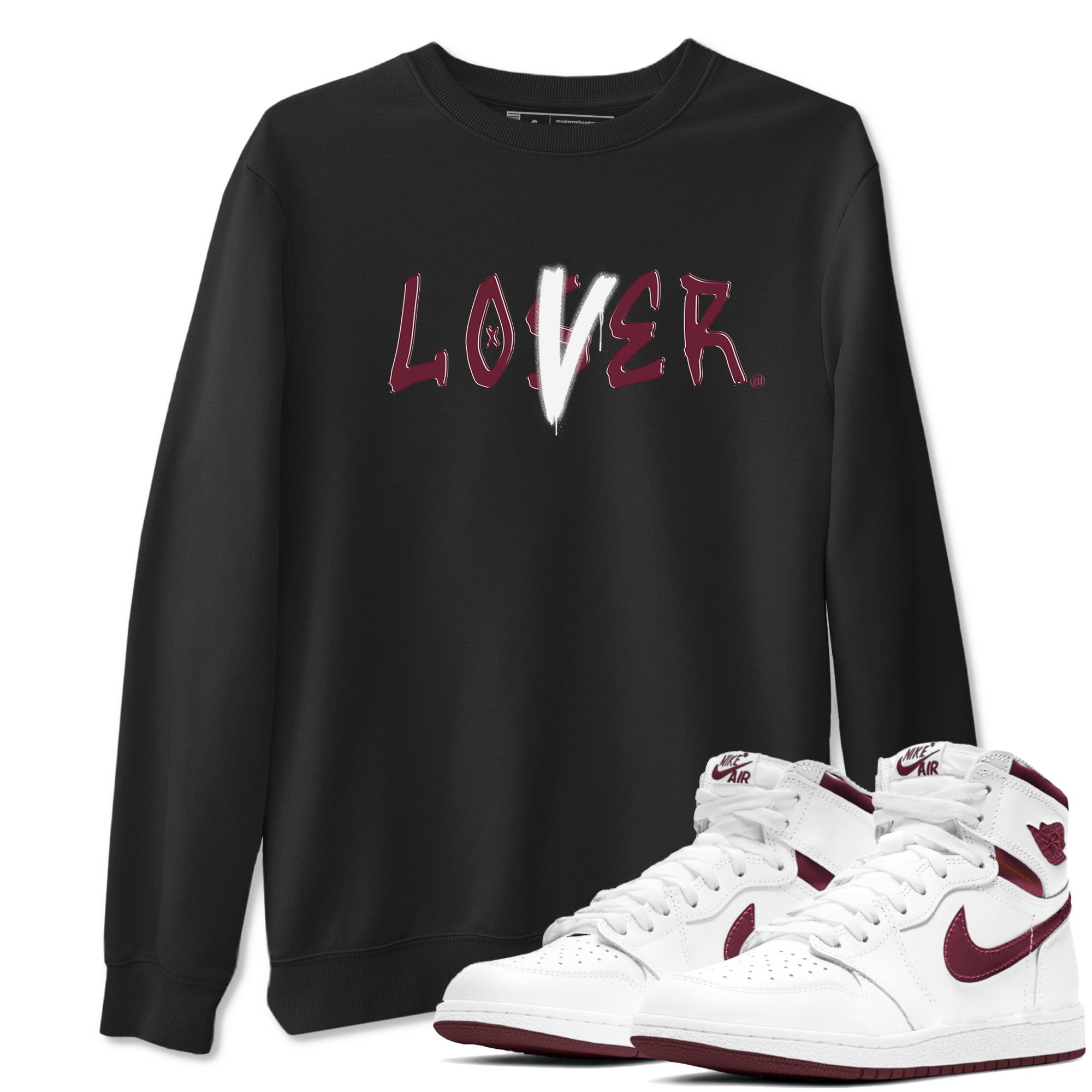 1s Metallic Burgundy shirts to match jordans Loser Lover sneaker match tees Jordan 1 Retro High '85 OG Metallic Burgundy Drip Gear Zone streetwear brand Black 1 unisex cotton tee