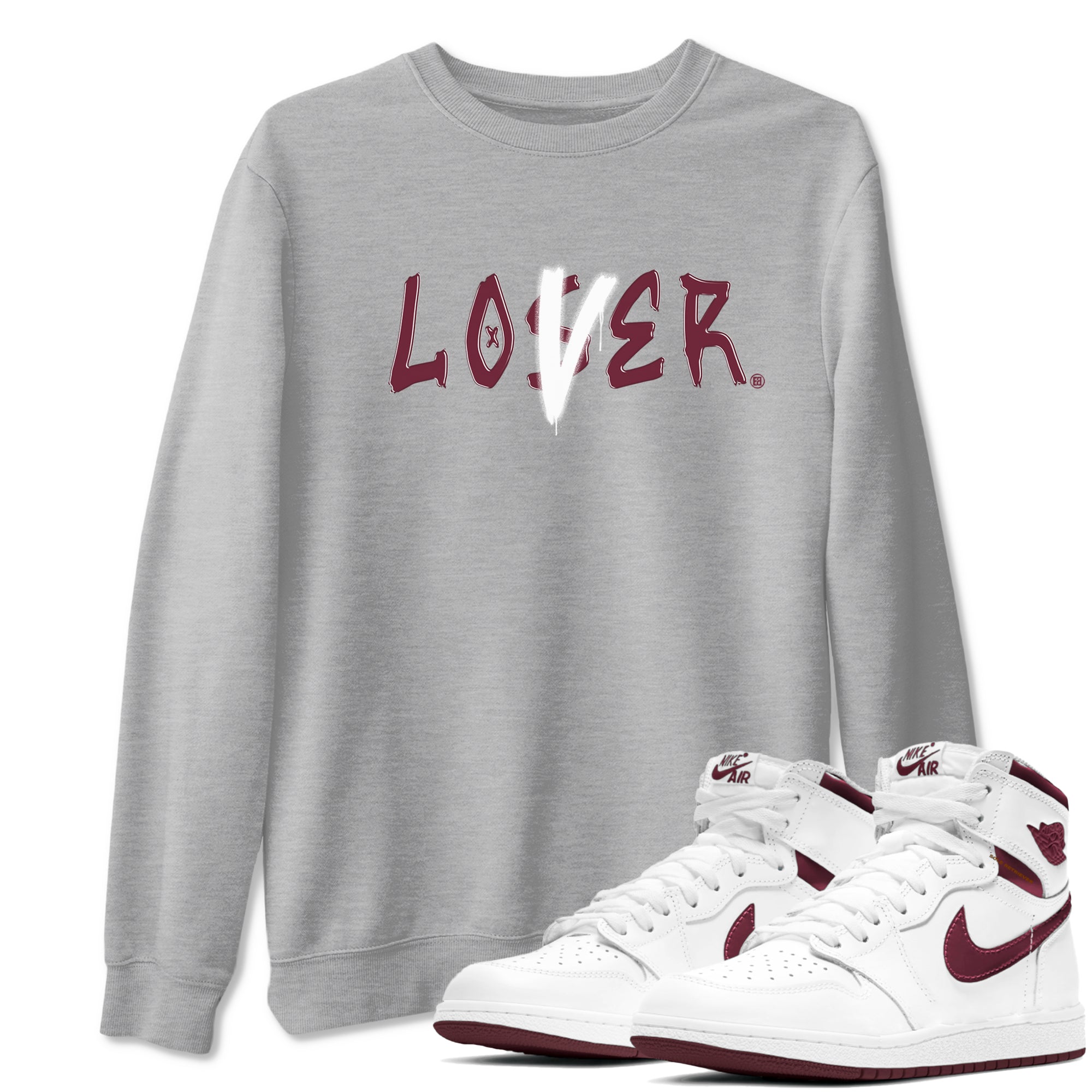 1s Metallic Burgundy shirts to match jordans Loser Lover sneaker match tees Jordan 1 Retro High '85 OG Metallic Burgundy Drip Gear Zone streetwear brand Heather Grey 1 unisex cotton tee