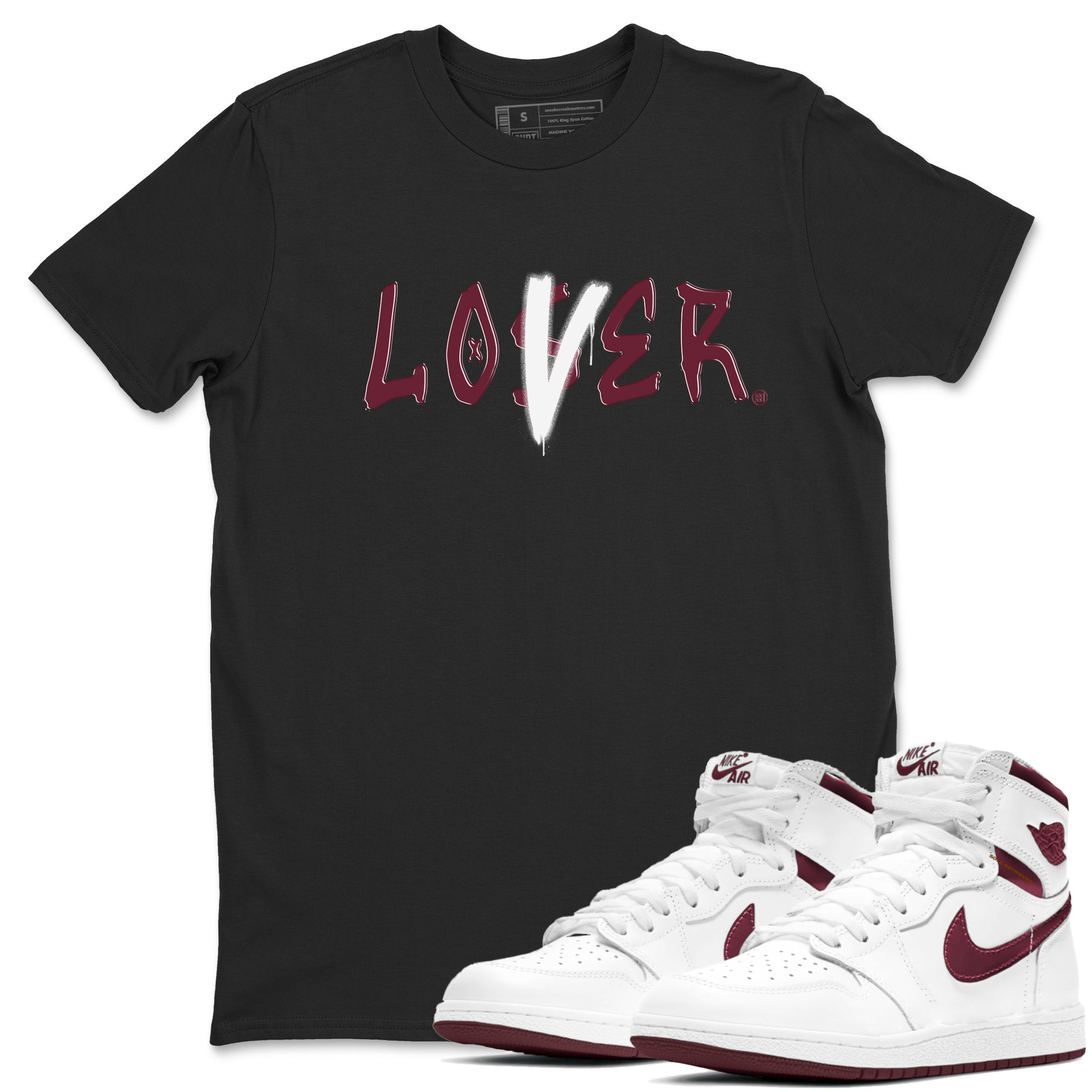 1s Metallic Burgundy shirts to match jordans Loser Lover sneaker match tees Jordan 1 Retro High '85 OG Metallic Burgundy Drip Gear Zone streetwear brand Black 1 unisex cotton tee