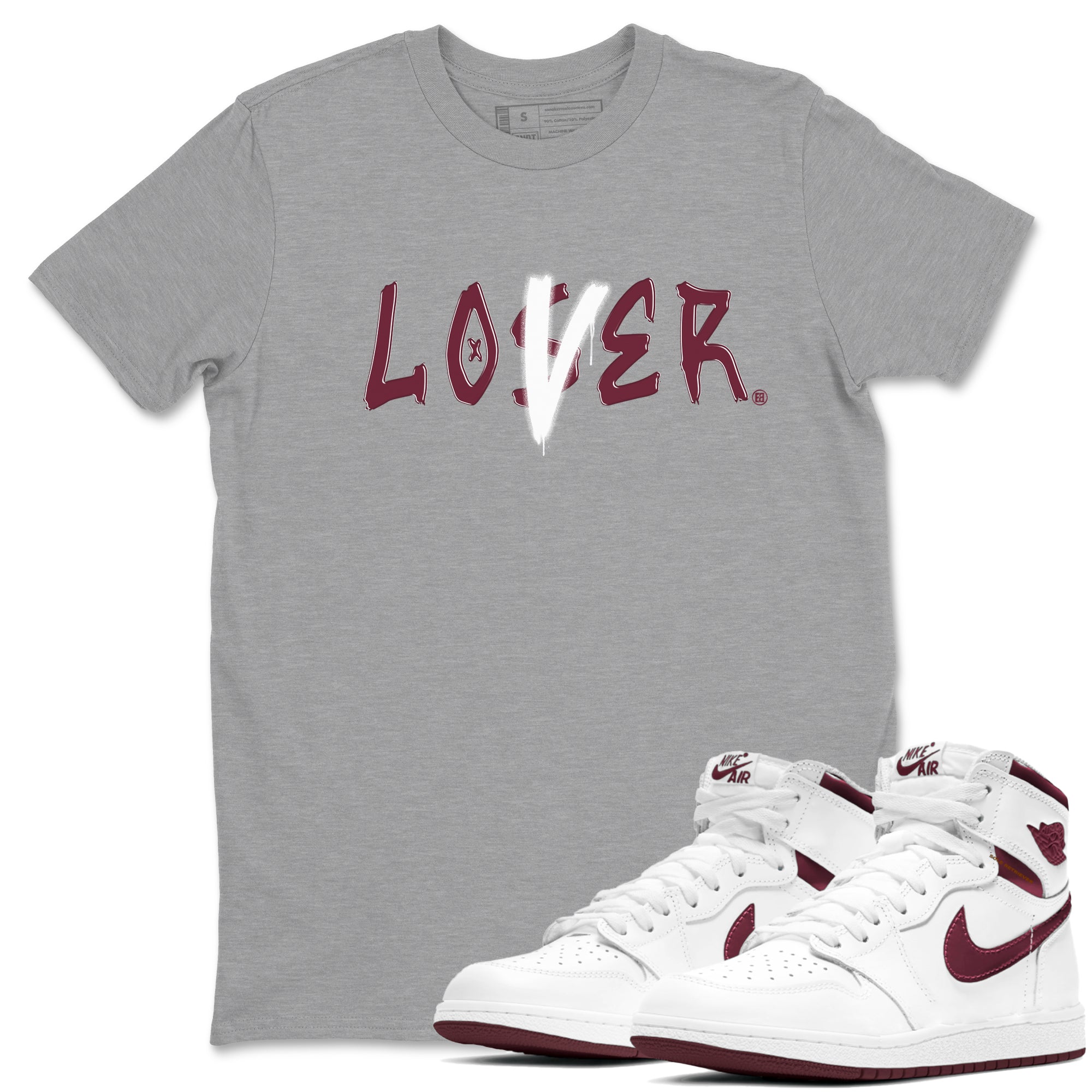 1s Metallic Burgundy shirts to match jordans Loser Lover sneaker match tees Jordan 1 Retro High '85 OG Metallic Burgundy Drip Gear Zone streetwear brand Heather Grey 1 unisex cotton tee
