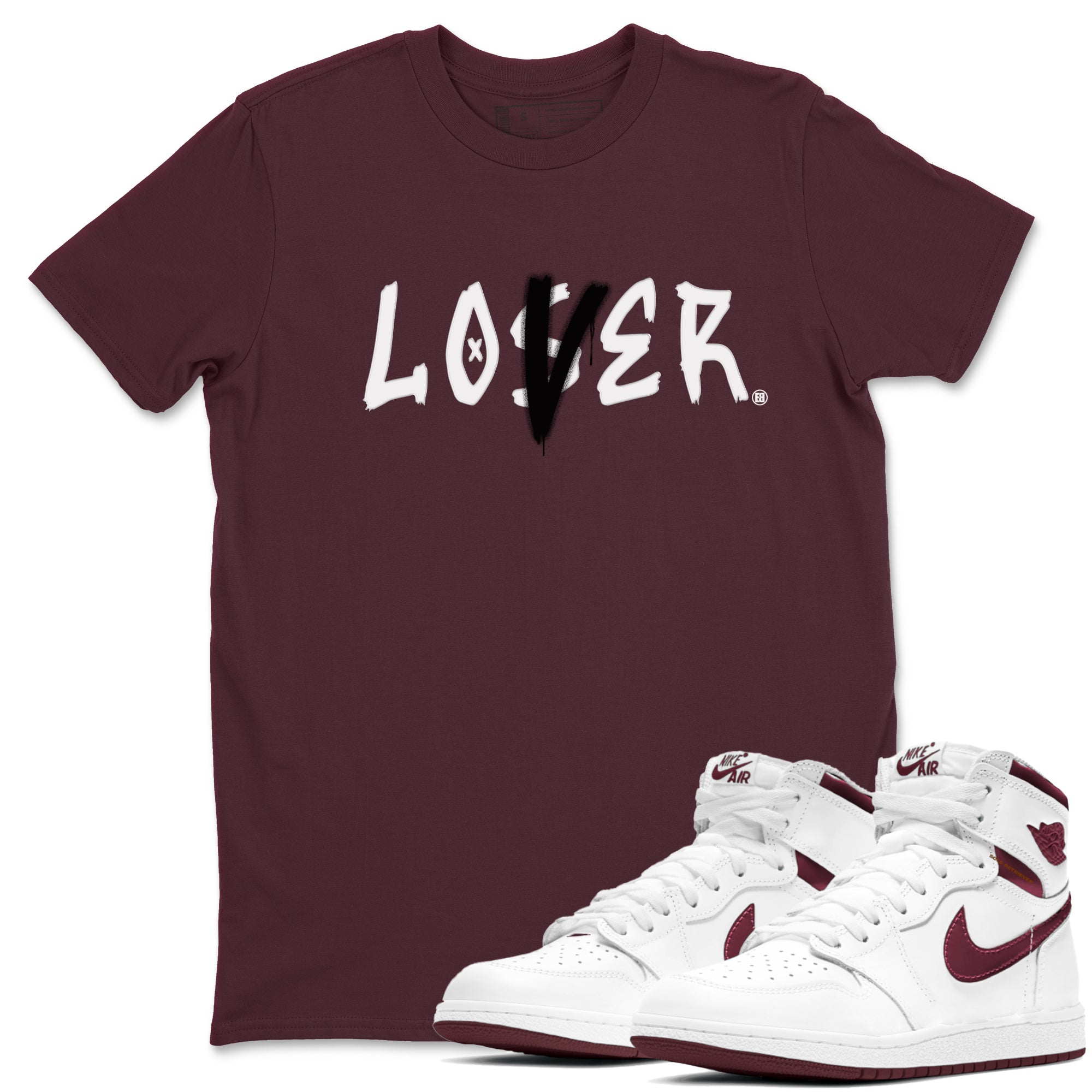 1s Metallic Burgundy shirts to match jordans Loser Lover sneaker match tees Jordan 1 Retro High '85 OG Metallic Burgundy Drip Gear Zone streetwear brand Maroon 1 unisex cotton tee