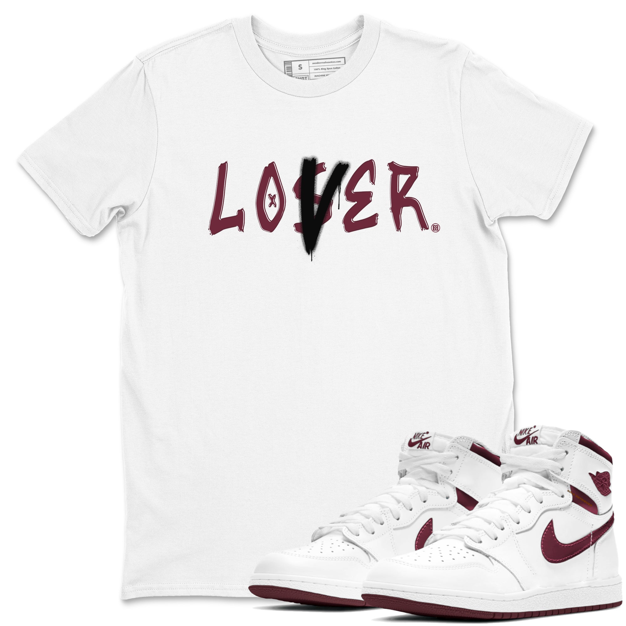 1s Metallic Burgundy shirts to match jordans Loser Lover sneaker match tees Jordan 1 Retro High '85 OG Metallic Burgundy Drip Gear Zone streetwear brand White 1 unisex cotton tee
