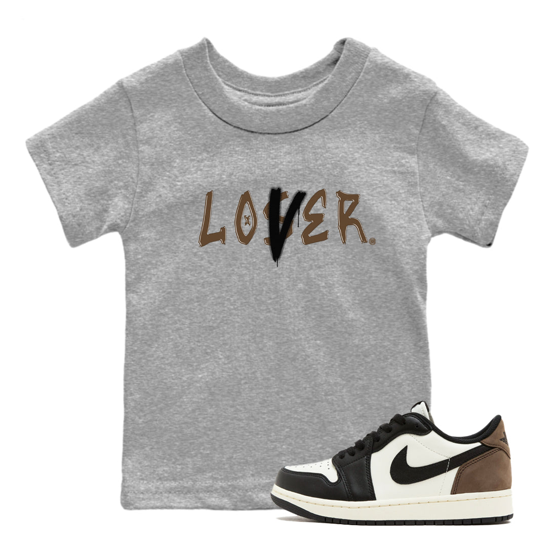 1s Mocha shirts to match jordans Loser Lover sneaker match tees Air Jordan 1 Low Mocha Drip Gear Zone Youth Baby Heather Grey 1 crew neck shirts