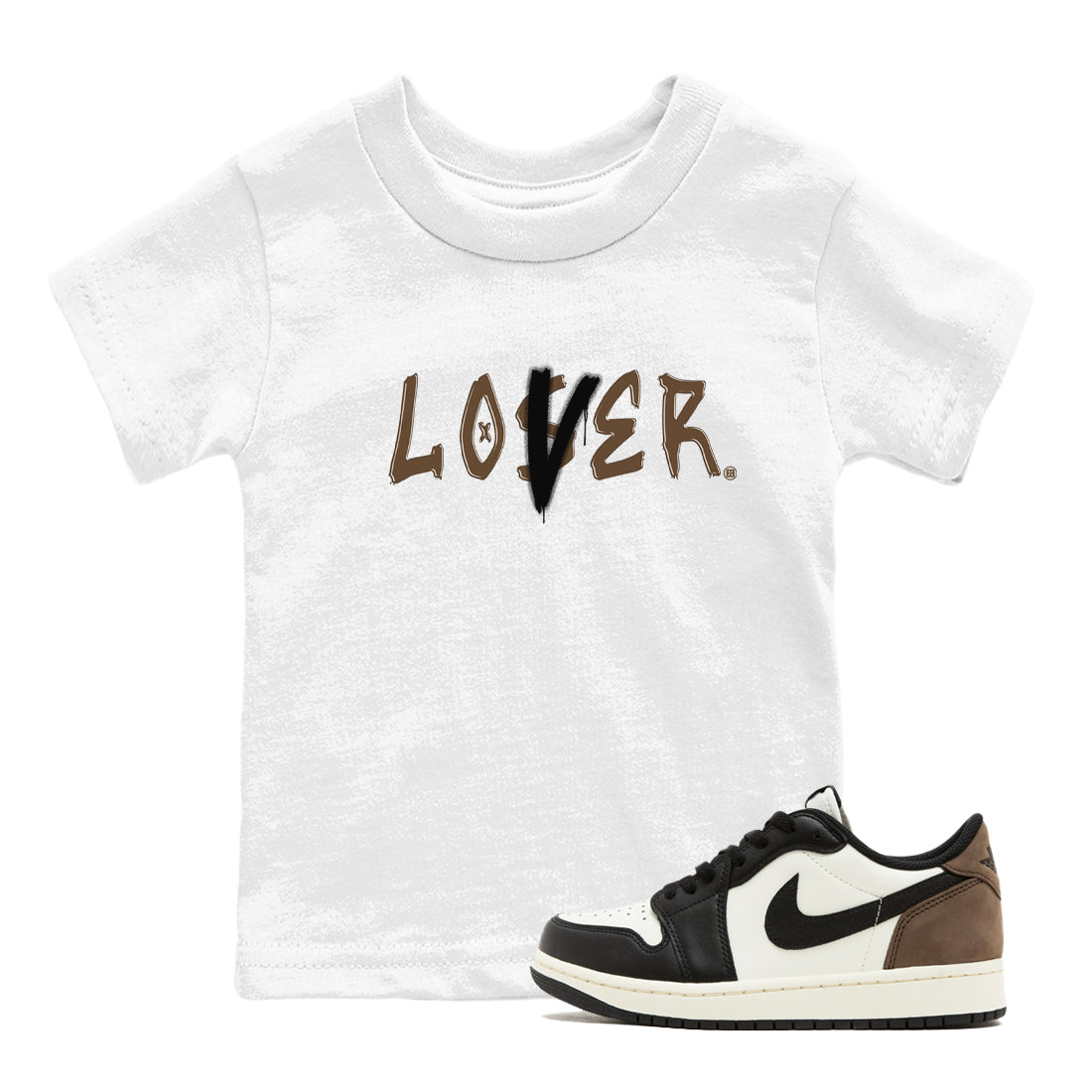 1s Mocha shirts to match jordans Loser Lover sneaker match tees Air Jordan 1 Low Mocha Drip Gear Zone Youth Baby White 1 crew neck shirts