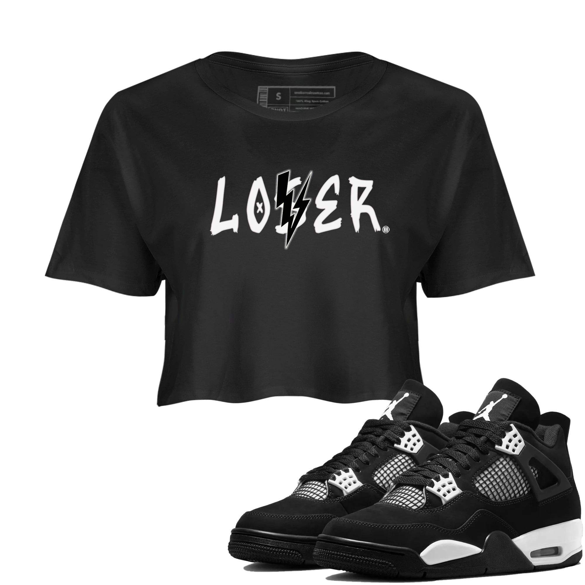 Air Jordan 4 White Thunder shirts to match jordans Loser Lover sneaker match tees Air Jordan 4 Retro White Thunder Drip Gear Zone streetwear brand Black 1 crop tee