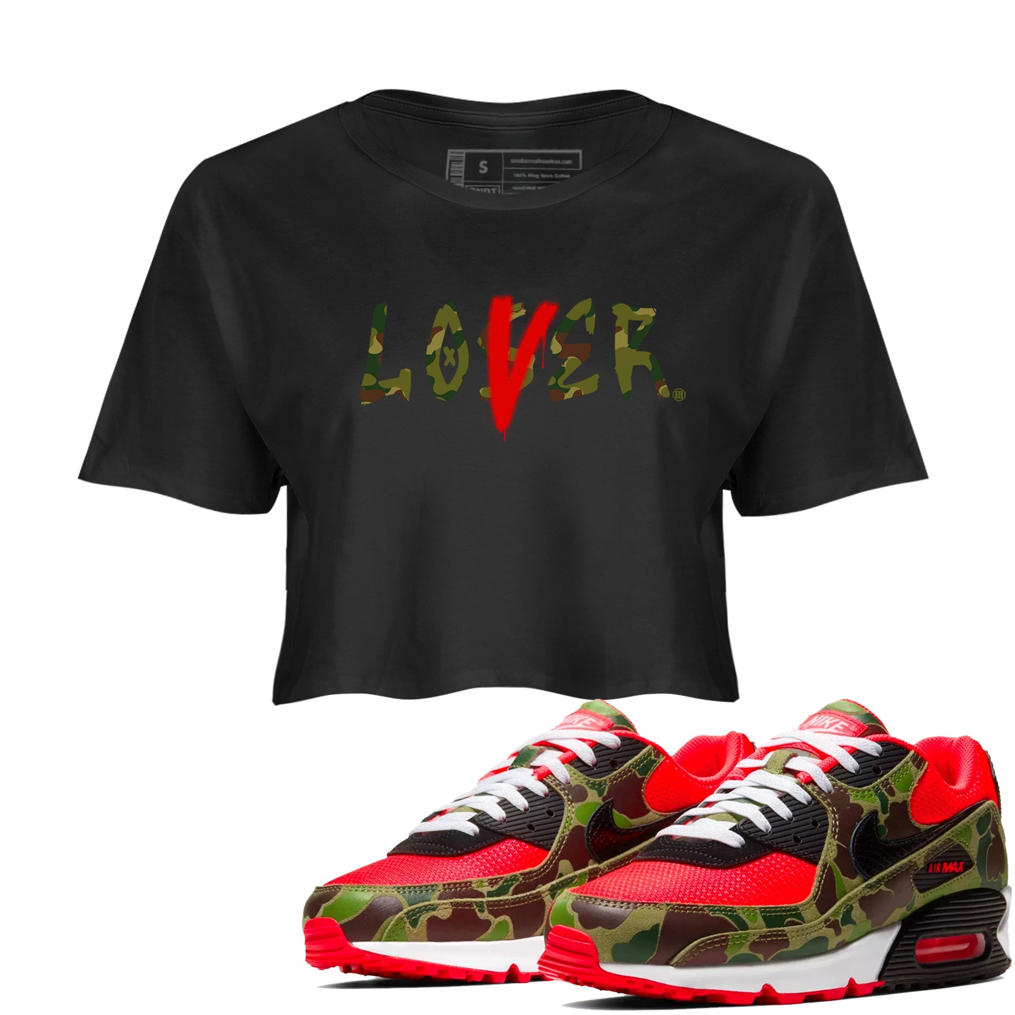 Air Max 90 Duck Camo shirts to match jordans Loser Lover sneaker match tees Air Max 90 Reverse Duck Camo match shoes to clothes Drip Gear Zone unisex cotton Black 1 crop tee