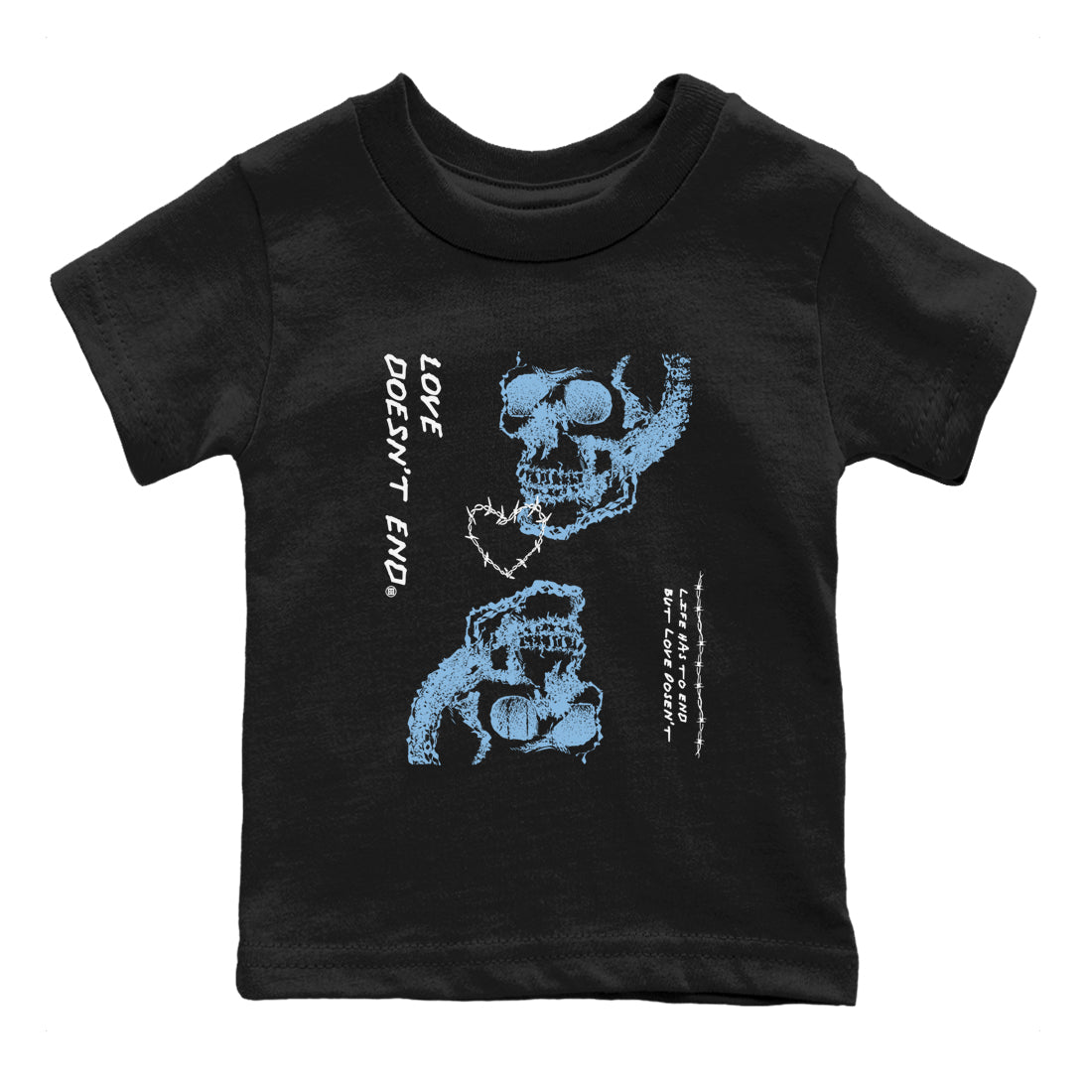 11s Legend Blue shirts to match jordans Love Doesn't End sneaker match tees Air Jordan 11 Legend Blue match shoes to clothes Drip Gear Zone Youth Baby Black 2 tee