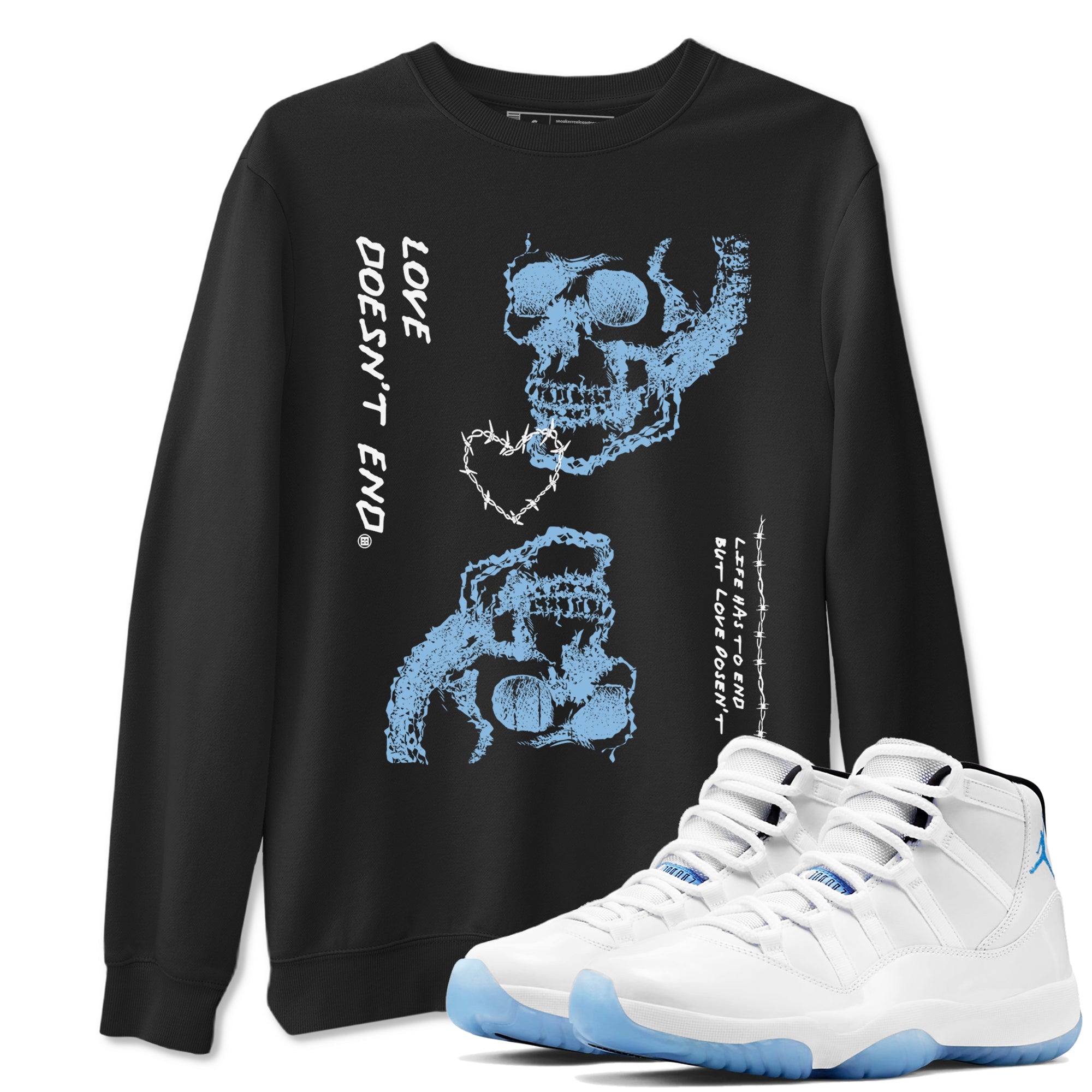 11s Legend Blue shirts to match jordans Love Doesn't End sneaker match tees Air Jordan 11 Legend Blue match shoes to clothes Drip Gear Zone unisex cotton Black 1 shirts