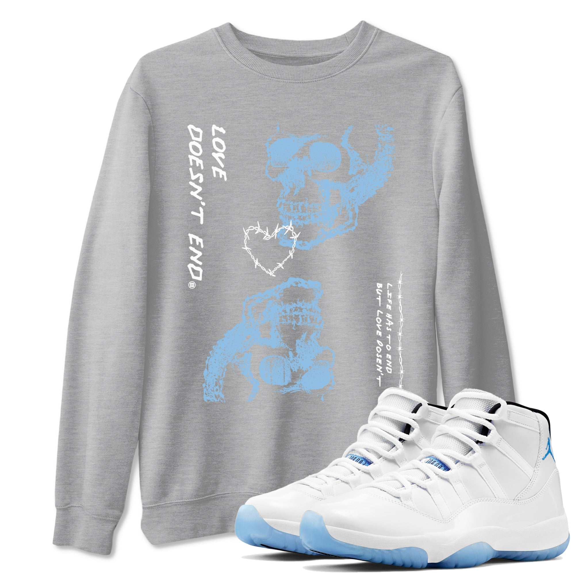 11s Legend Blue shirts to match jordans Love Doesn't End sneaker match tees Air Jordan 11 Legend Blue match shoes to clothes Drip Gear Zone unisex cotton Heather Grey 1 shirts