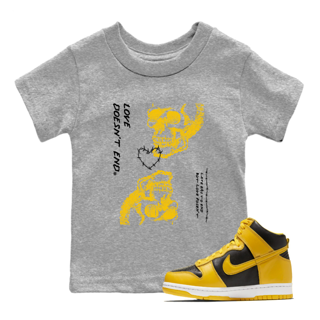 Dunk High Wu Tang shirts to match jordans Love Doesn't End sneaker match tees Dunk High Wu Tang match shoes to clothes Drip Gear Zone Youth Baby Heather Grey 1 tee